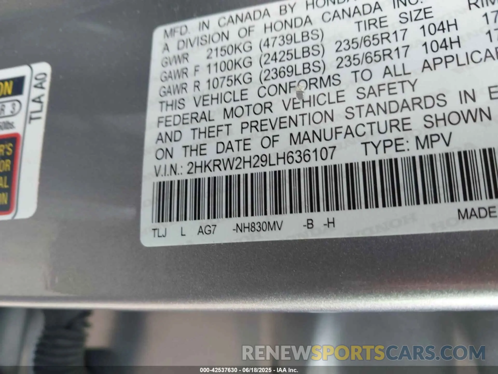 9 Photograph of a damaged car 2HKRW2H29LH636107 HONDA CR-V 2020