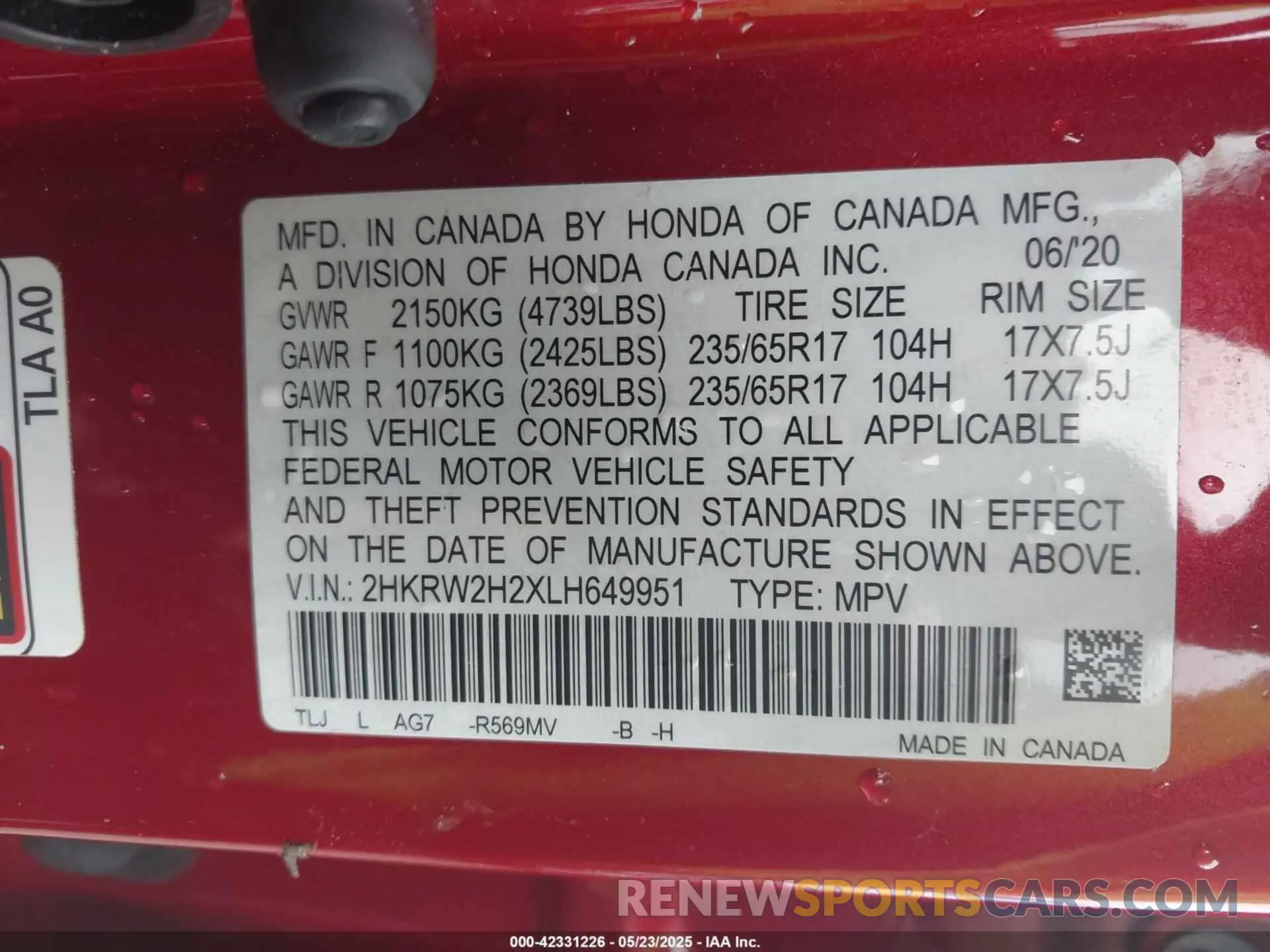 9 Фотография поврежденного автомобиля 2HKRW2H2XLH649951 HONDA CR-V 2020