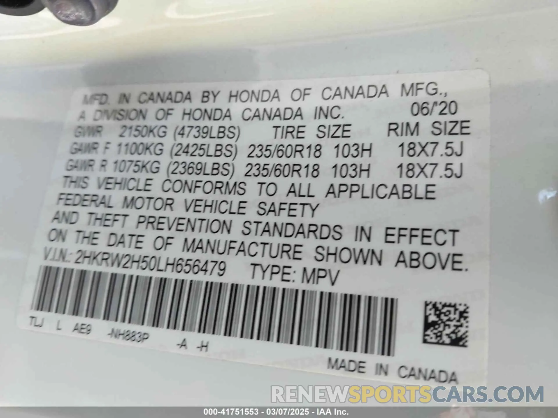 9 Photograph of a damaged car 2HKRW2H50LH656479 HONDA CR-V 2020