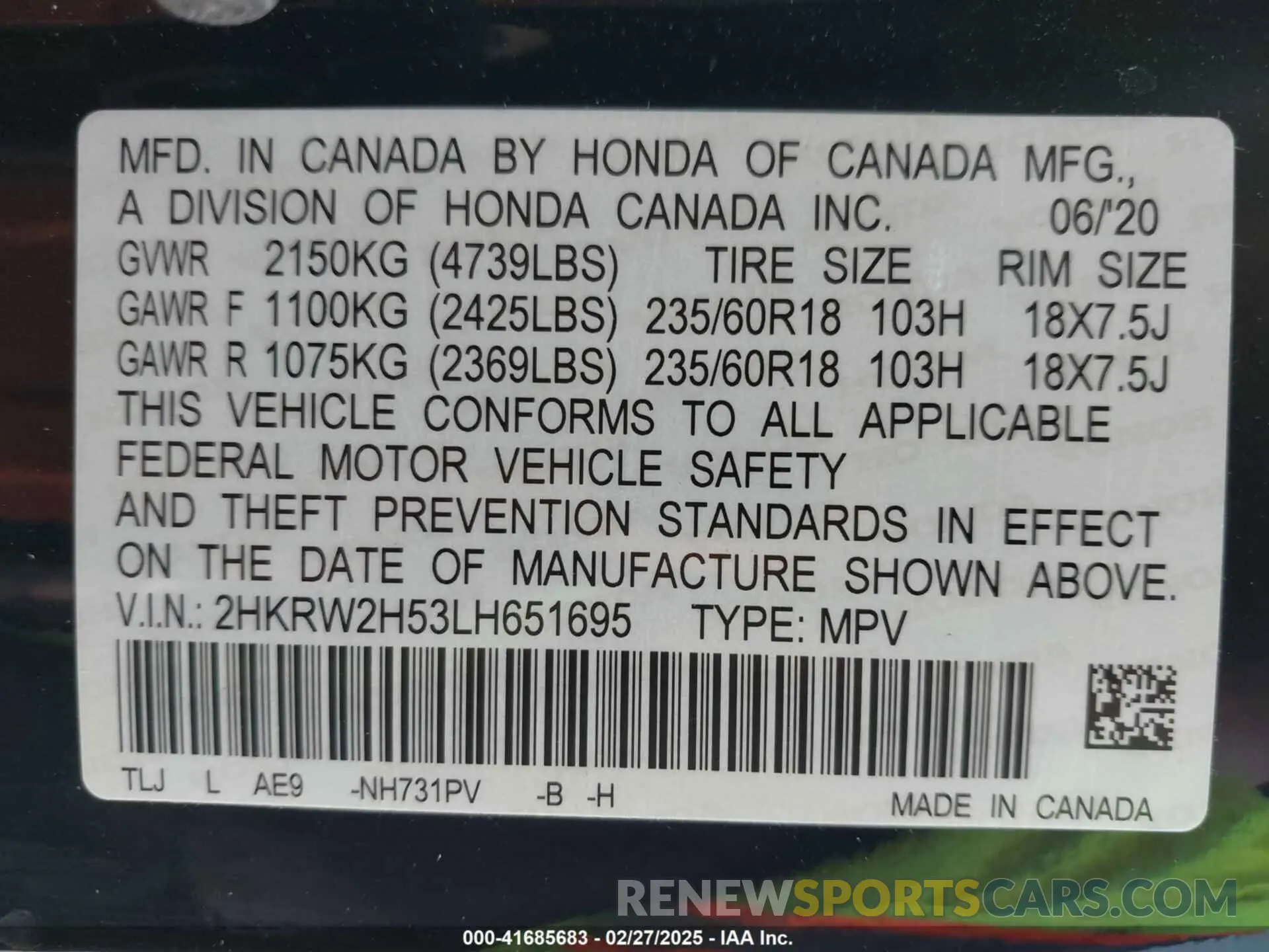 9 Фотография поврежденного автомобиля 2HKRW2H53LH651695 HONDA CR-V 2020