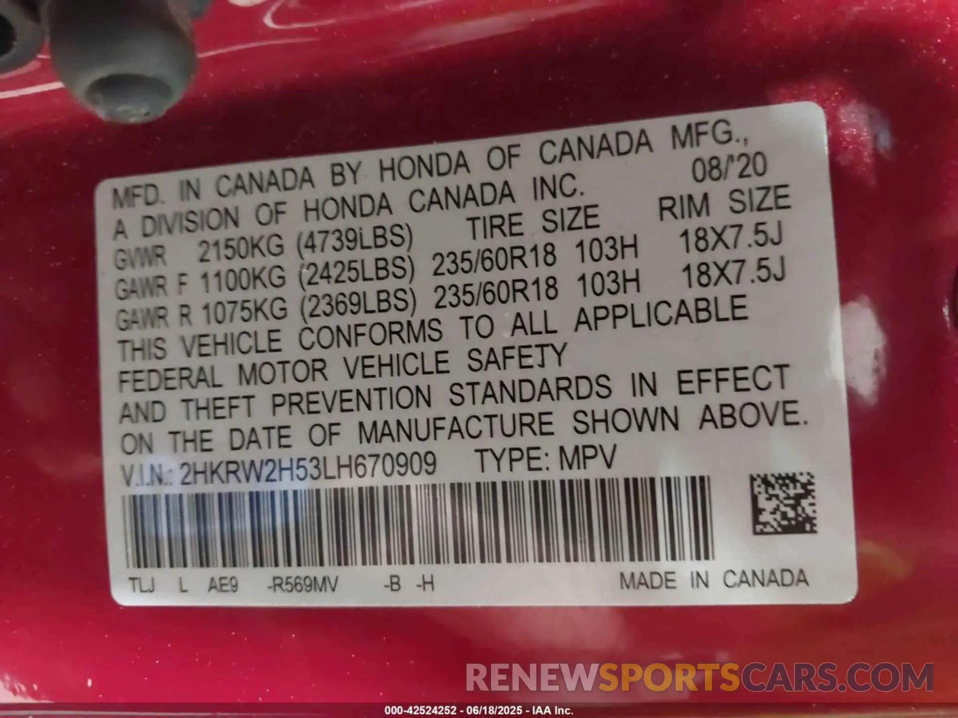 9 Photograph of a damaged car 2HKRW2H53LH670909 HONDA CR-V 2020
