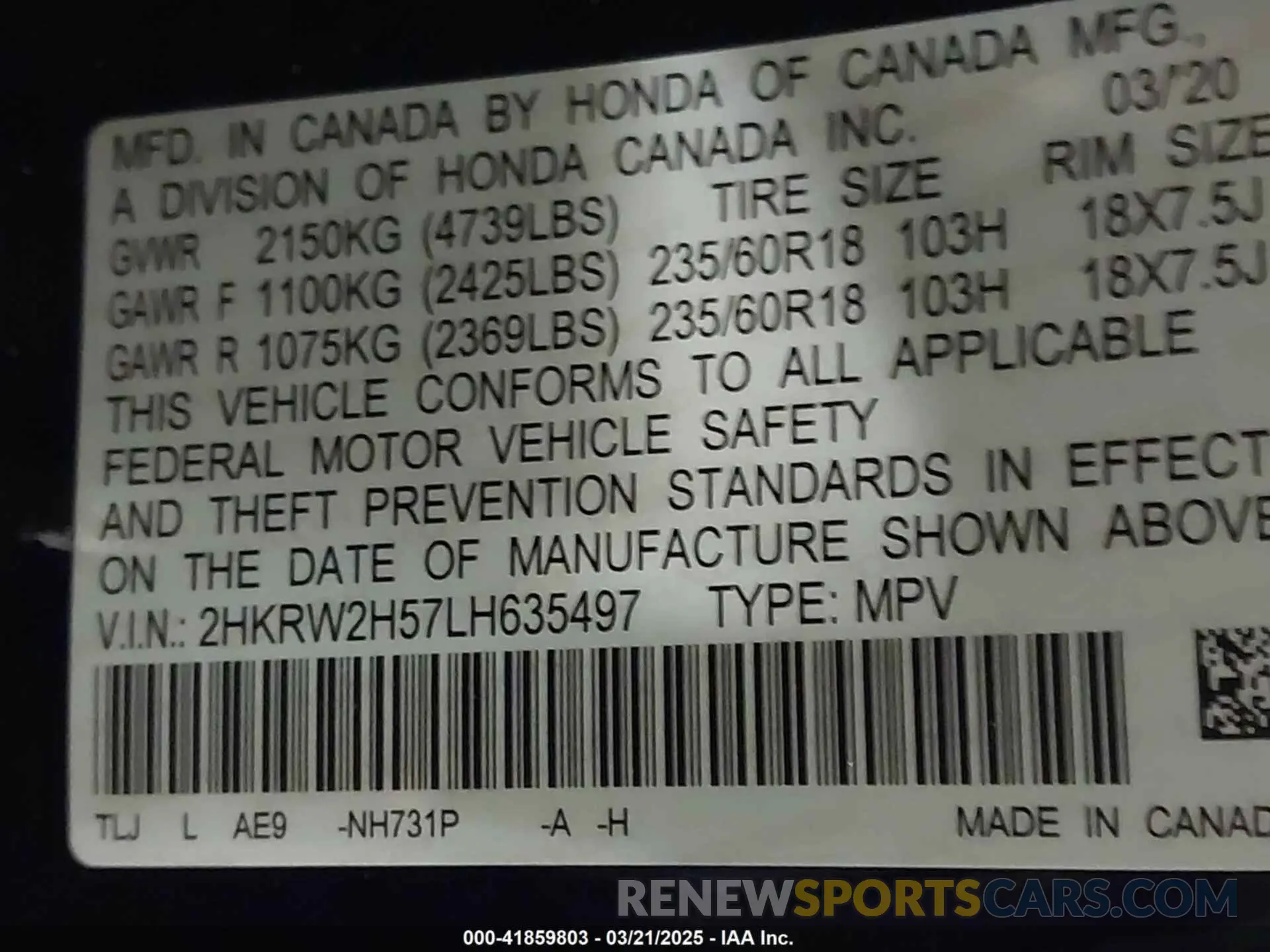 9 Photograph of a damaged car 2HKRW2H57LH635497 HONDA CR-V 2020
