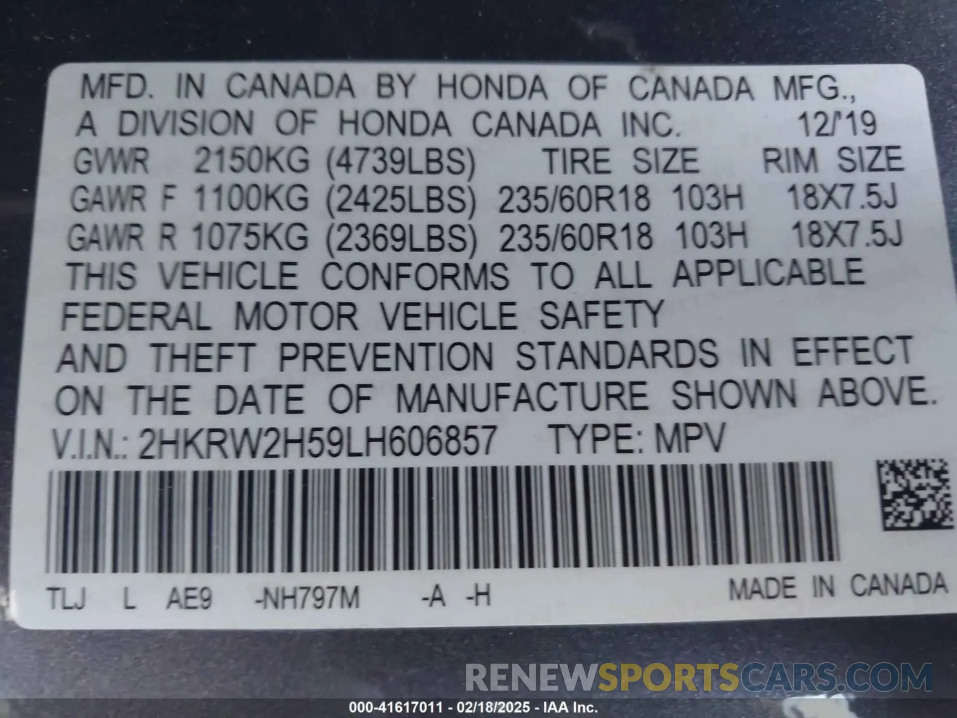 9 Фотография поврежденного автомобиля 2HKRW2H59LH606857 HONDA CR-V 2020