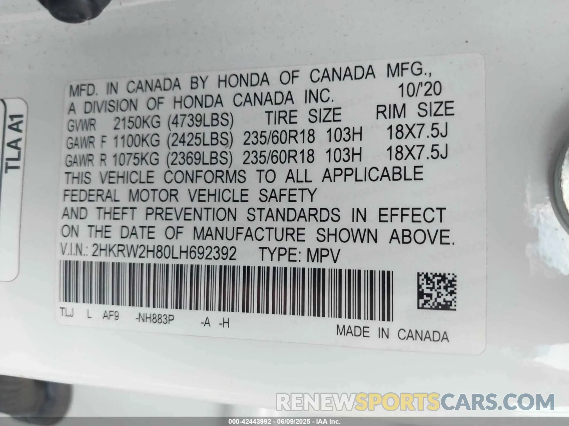9 Photograph of a damaged car 2HKRW2H80LH692392 HONDA CR-V 2020