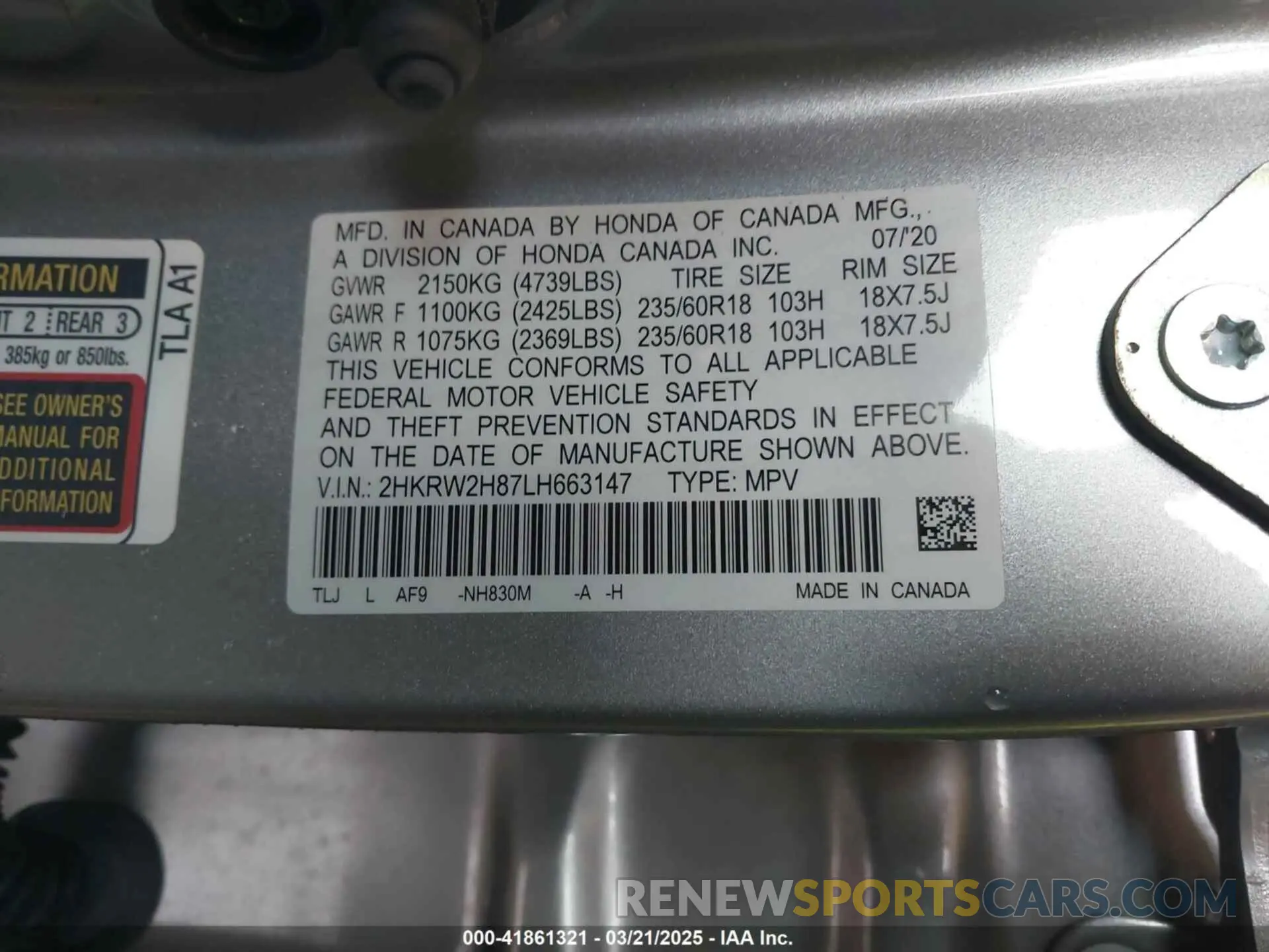 9 Фотография поврежденного автомобиля 2HKRW2H87LH663147 HONDA CR-V 2020