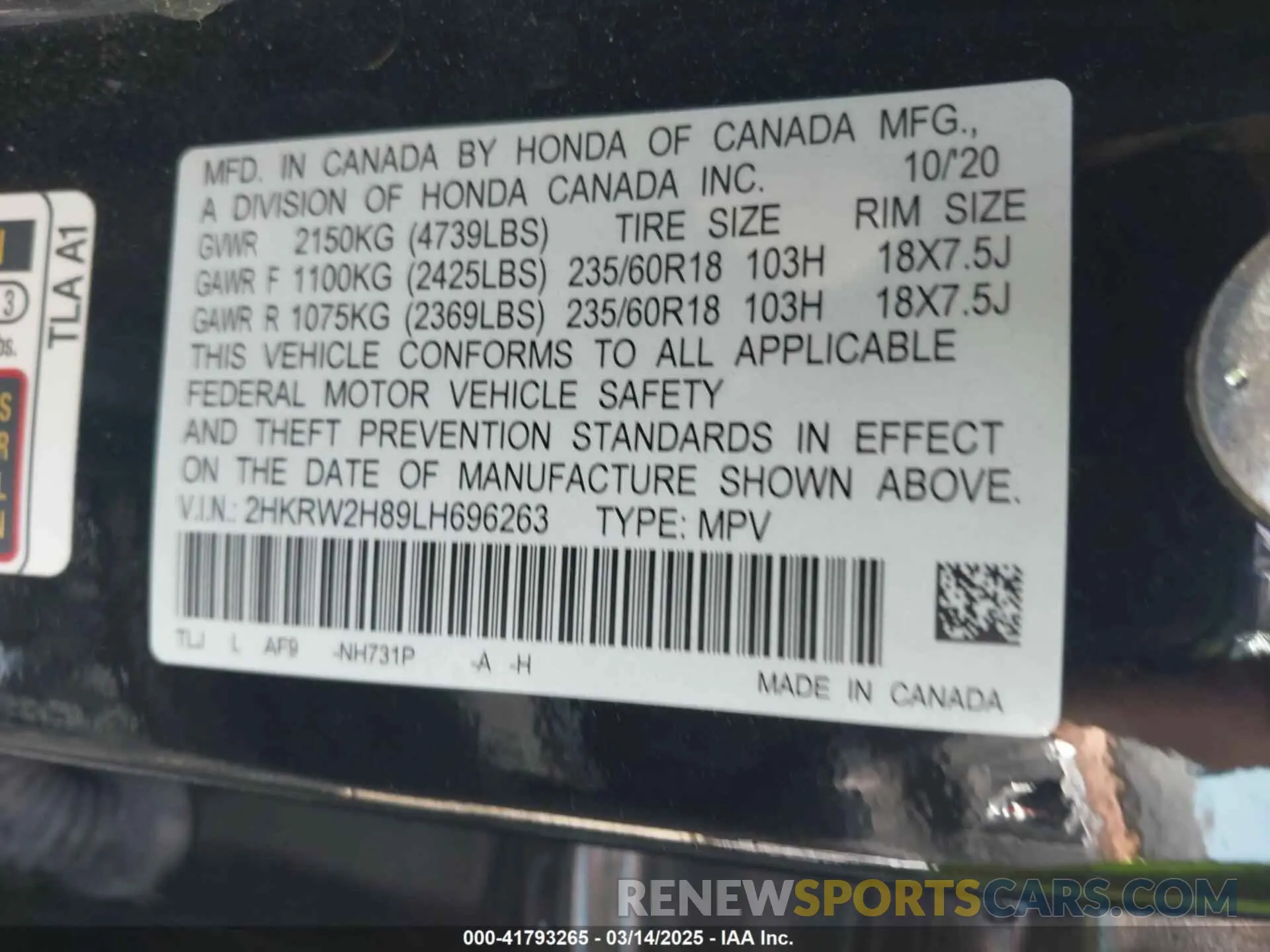 9 Photograph of a damaged car 2HKRW2H89LH696263 HONDA CR-V 2020