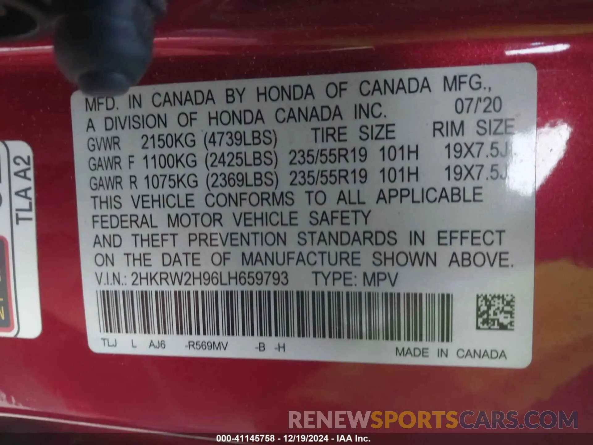9 Фотография поврежденного автомобиля 2HKRW2H96LH659793 HONDA CR-V 2020