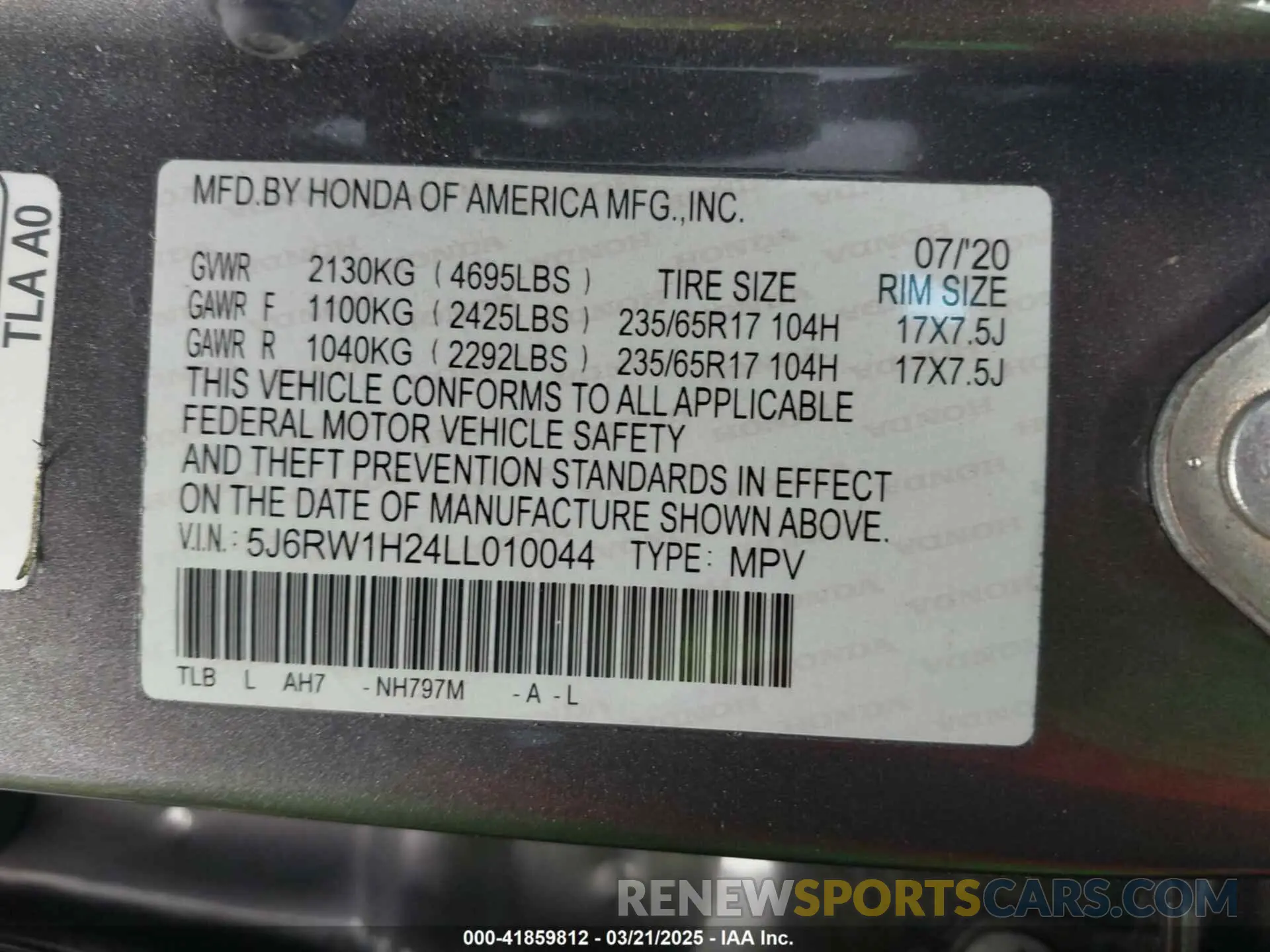 9 Photograph of a damaged car 5J6RW1H24LL010044 HONDA CR-V 2020