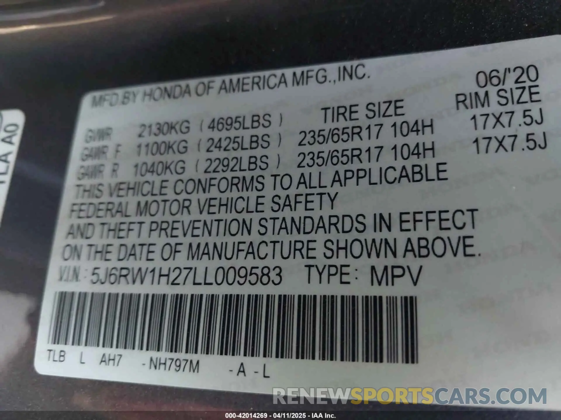 9 Фотография поврежденного автомобиля 5J6RW1H27LL009583 HONDA CR-V 2020