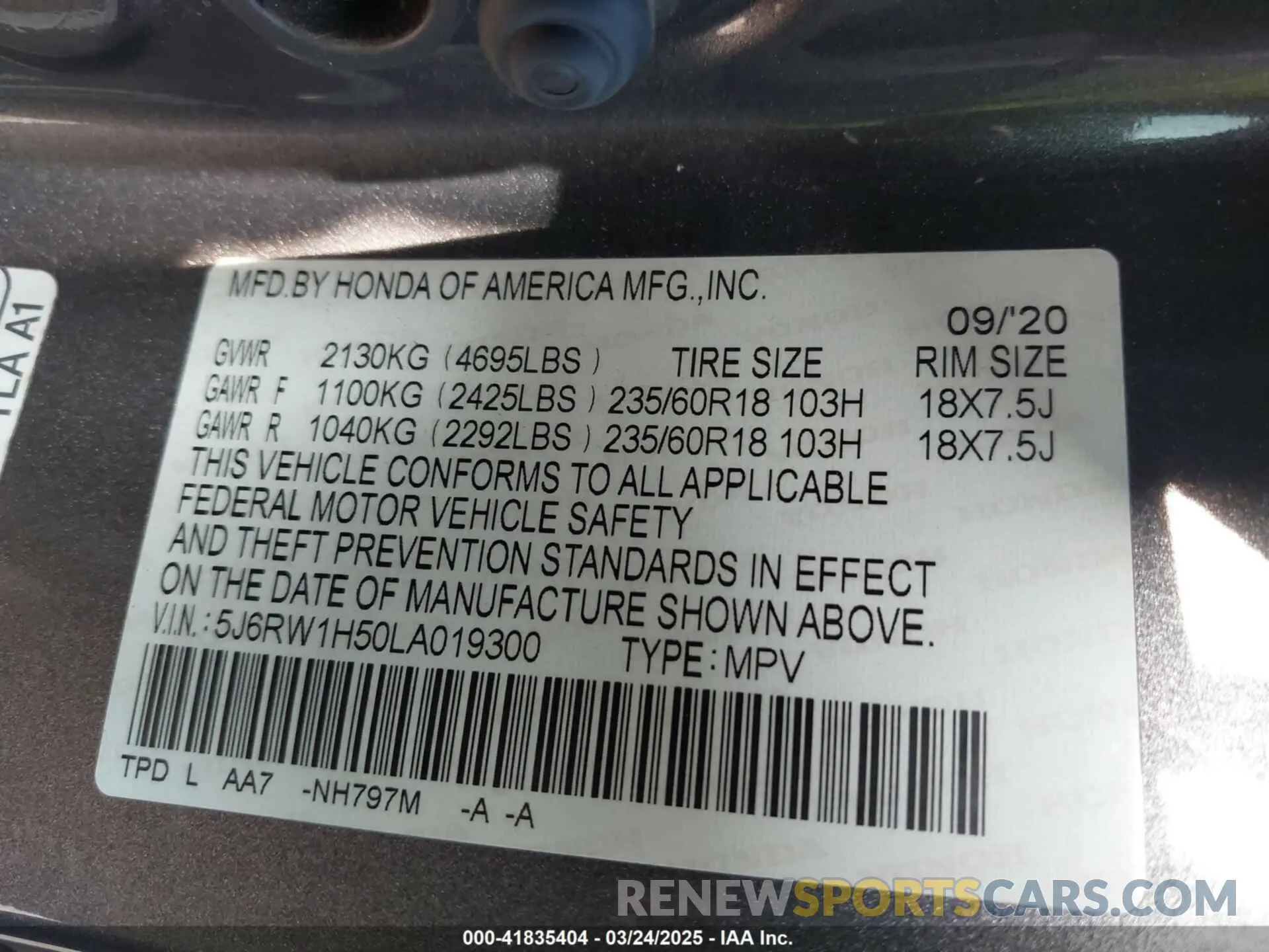 9 Photograph of a damaged car 5J6RW1H50LA019300 HONDA CR-V 2020