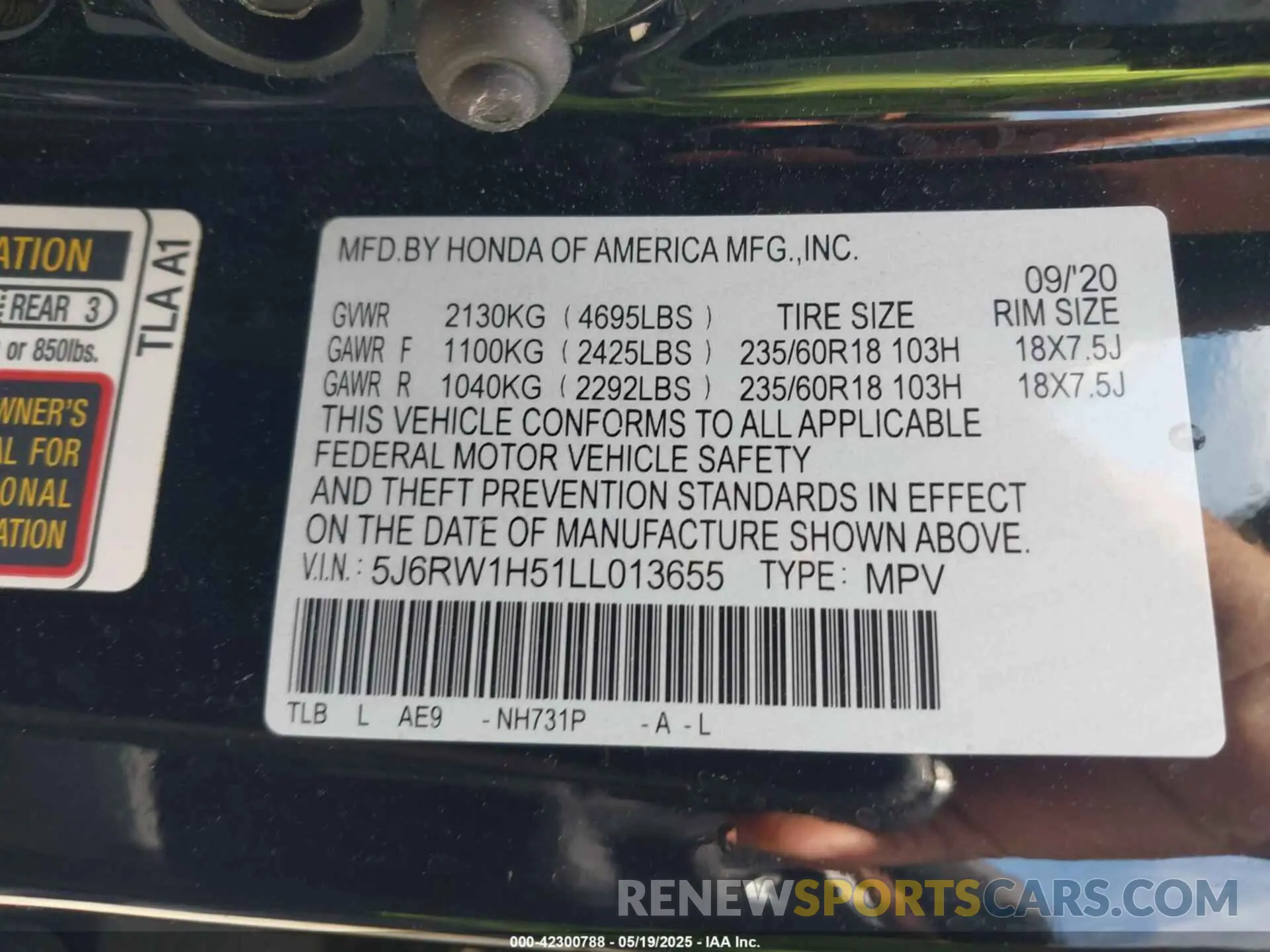 9 Photograph of a damaged car 5J6RW1H51LL013655 HONDA CR-V 2020