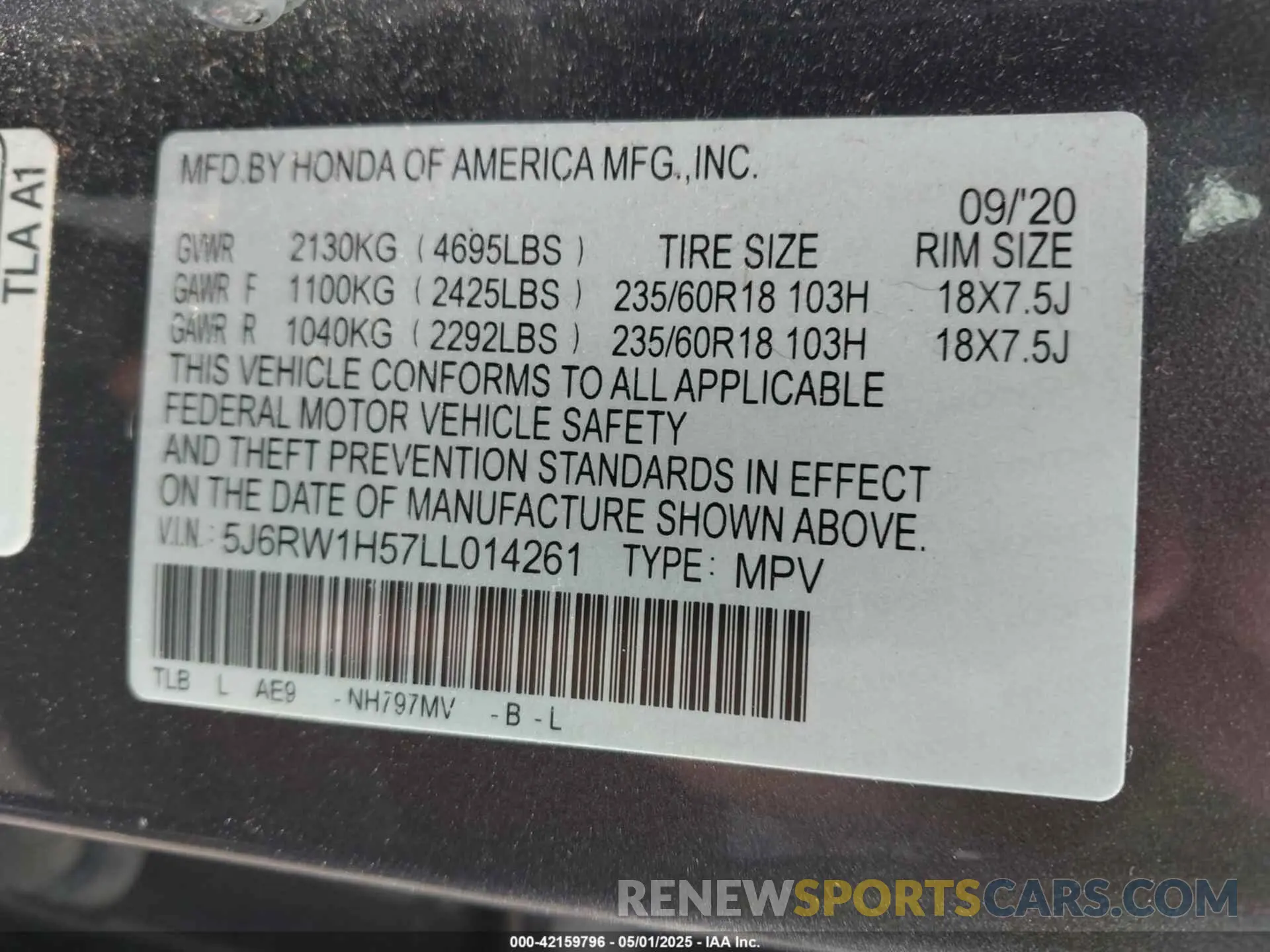 9 Photograph of a damaged car 5J6RW1H57LL014261 HONDA CR-V 2020