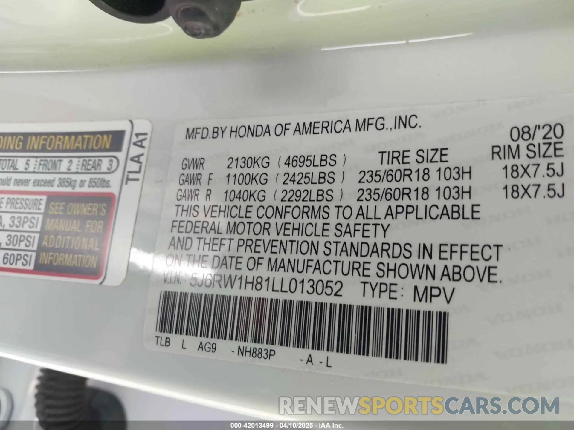 9 Фотография поврежденного автомобиля 5J6RW1H81LL013052 HONDA CR-V 2020