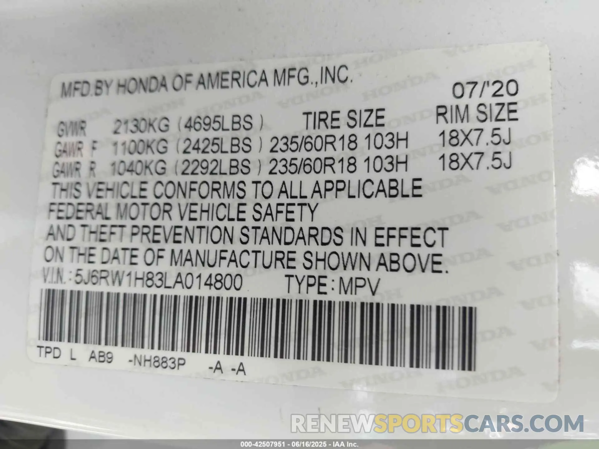 9 Photograph of a damaged car 5J6RW1H83LA014800 HONDA CR-V 2020