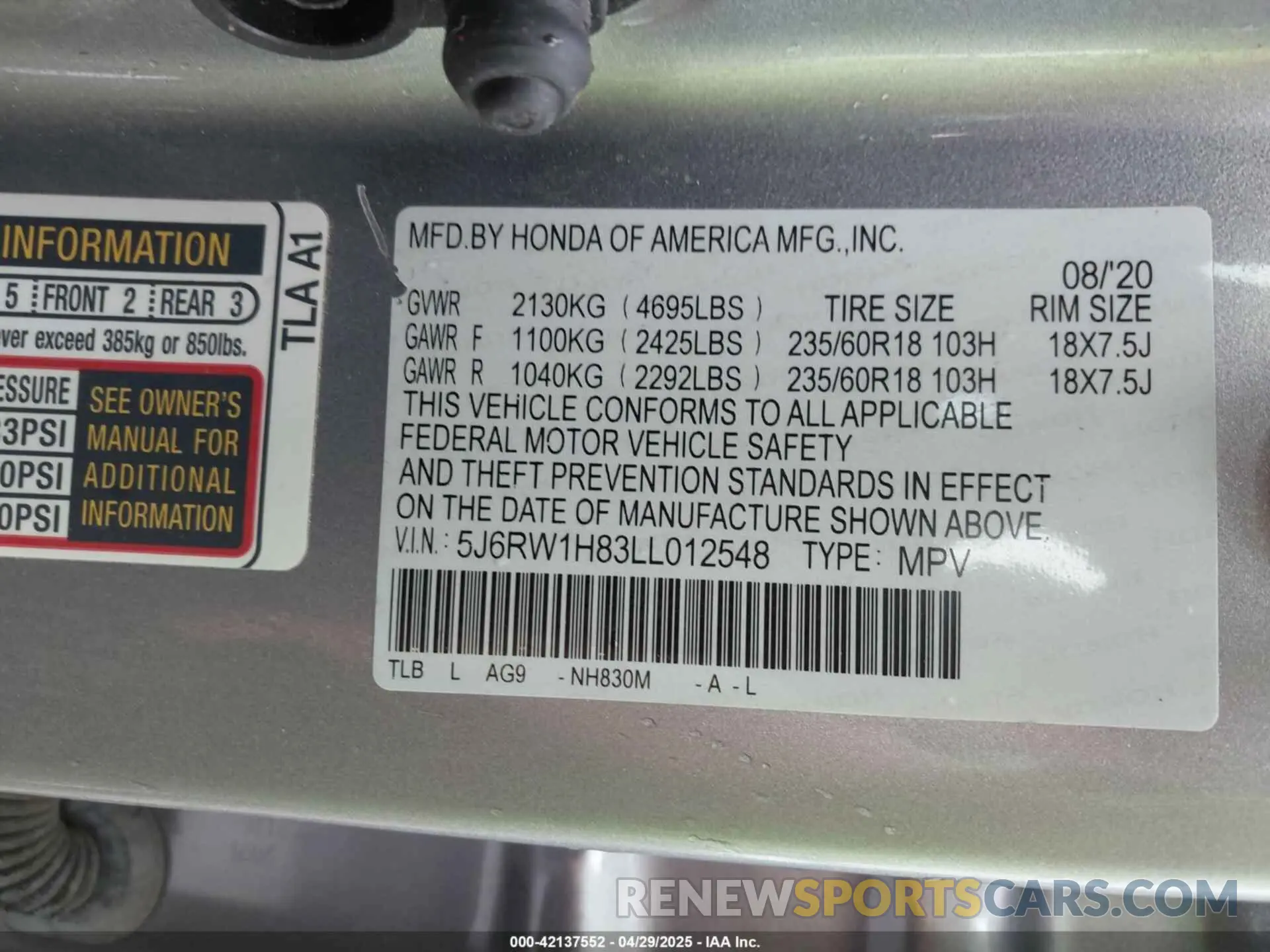 9 Фотография поврежденного автомобиля 5J6RW1H83LL012548 HONDA CR-V 2020