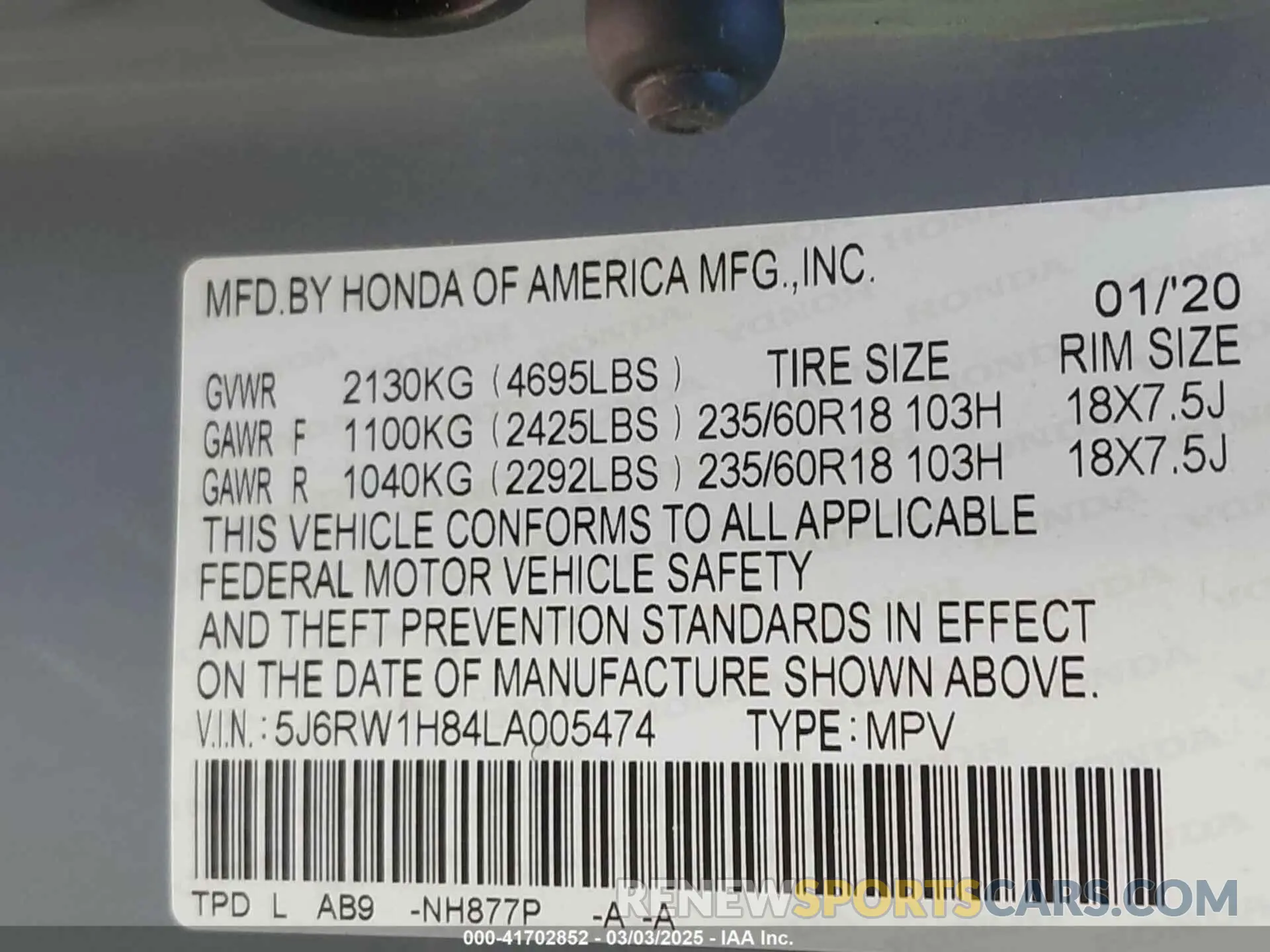 9 Photograph of a damaged car 5J6RW1H84LA005474 HONDA CR-V 2020