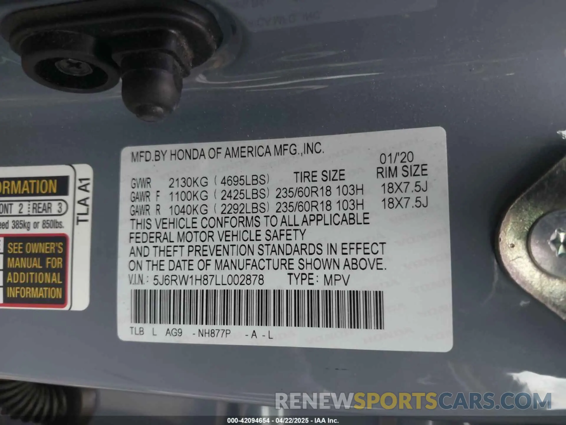 9 Photograph of a damaged car 5J6RW1H87LL002878 HONDA CR-V 2020