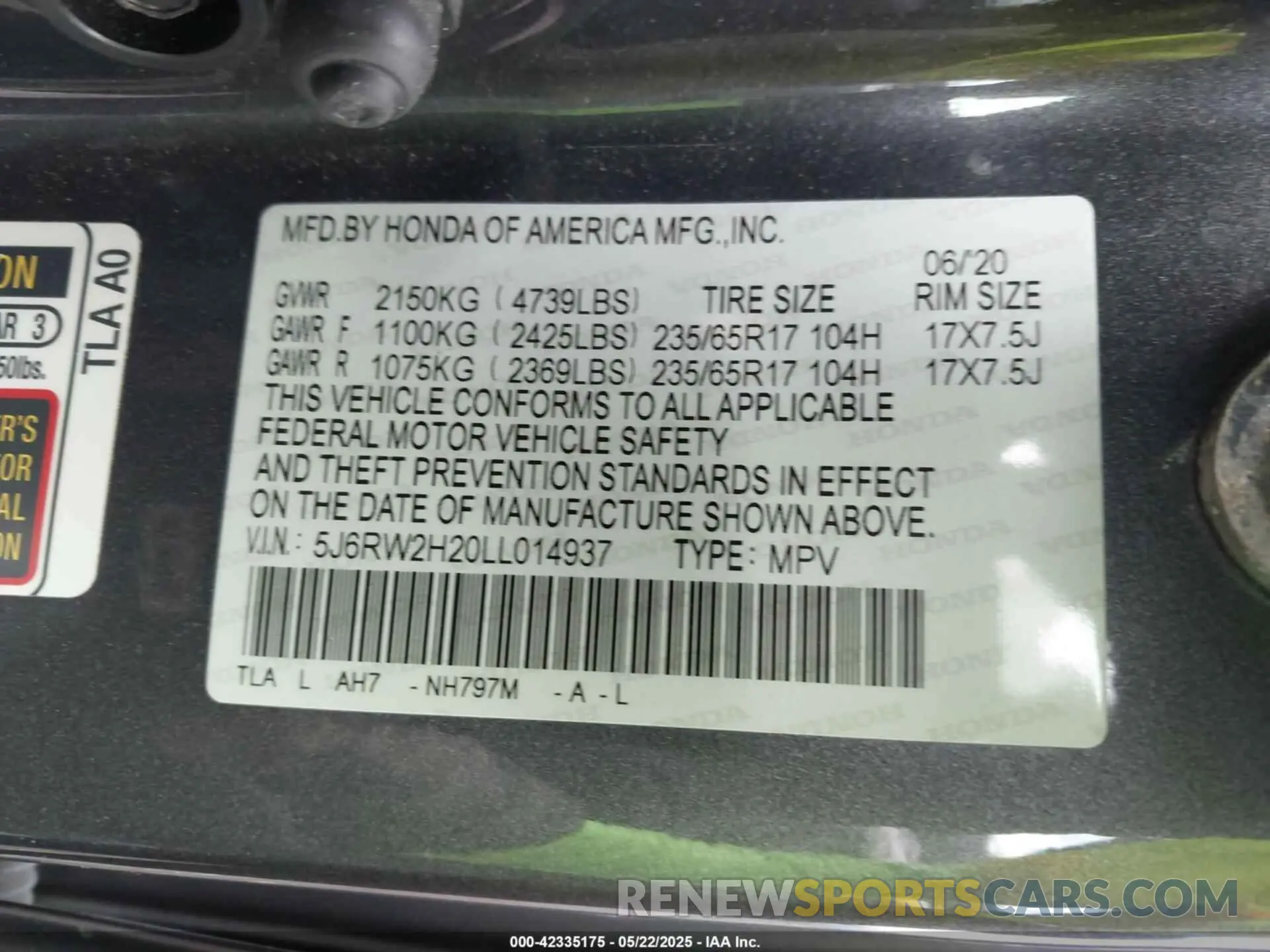 9 Photograph of a damaged car 5J6RW2H20LL014937 HONDA CR-V 2020