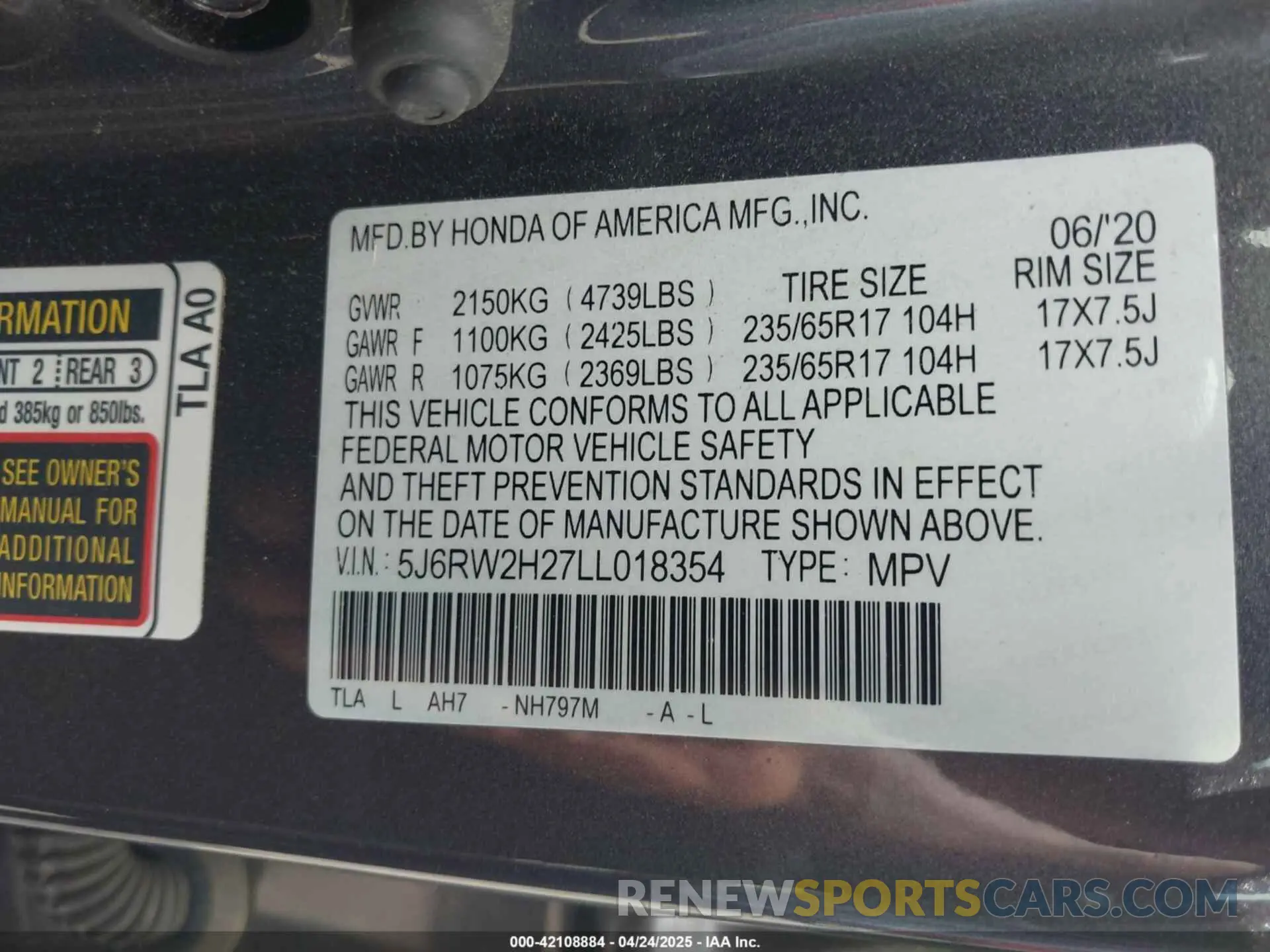 9 Фотография поврежденного автомобиля 5J6RW2H27LL018354 HONDA CR-V 2020