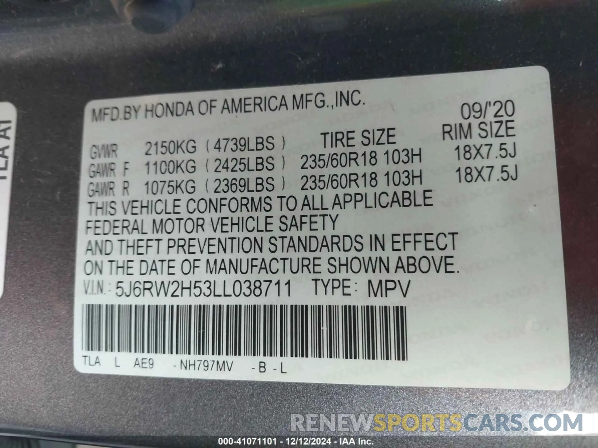 9 Фотография поврежденного автомобиля 5J6RW2H53LL038711 HONDA CR-V 2020