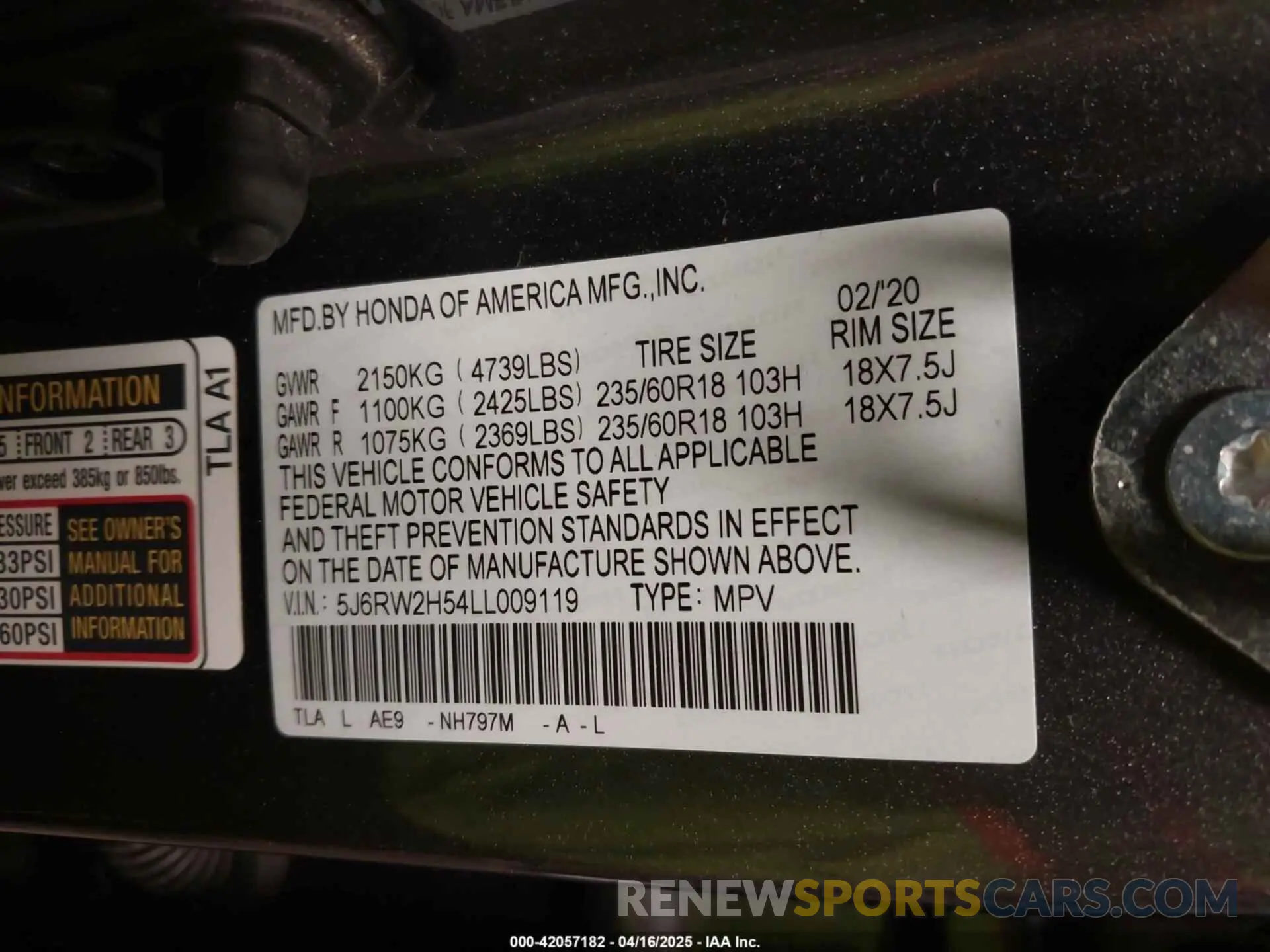 9 Photograph of a damaged car 5J6RW2H54LL009119 HONDA CR-V 2020