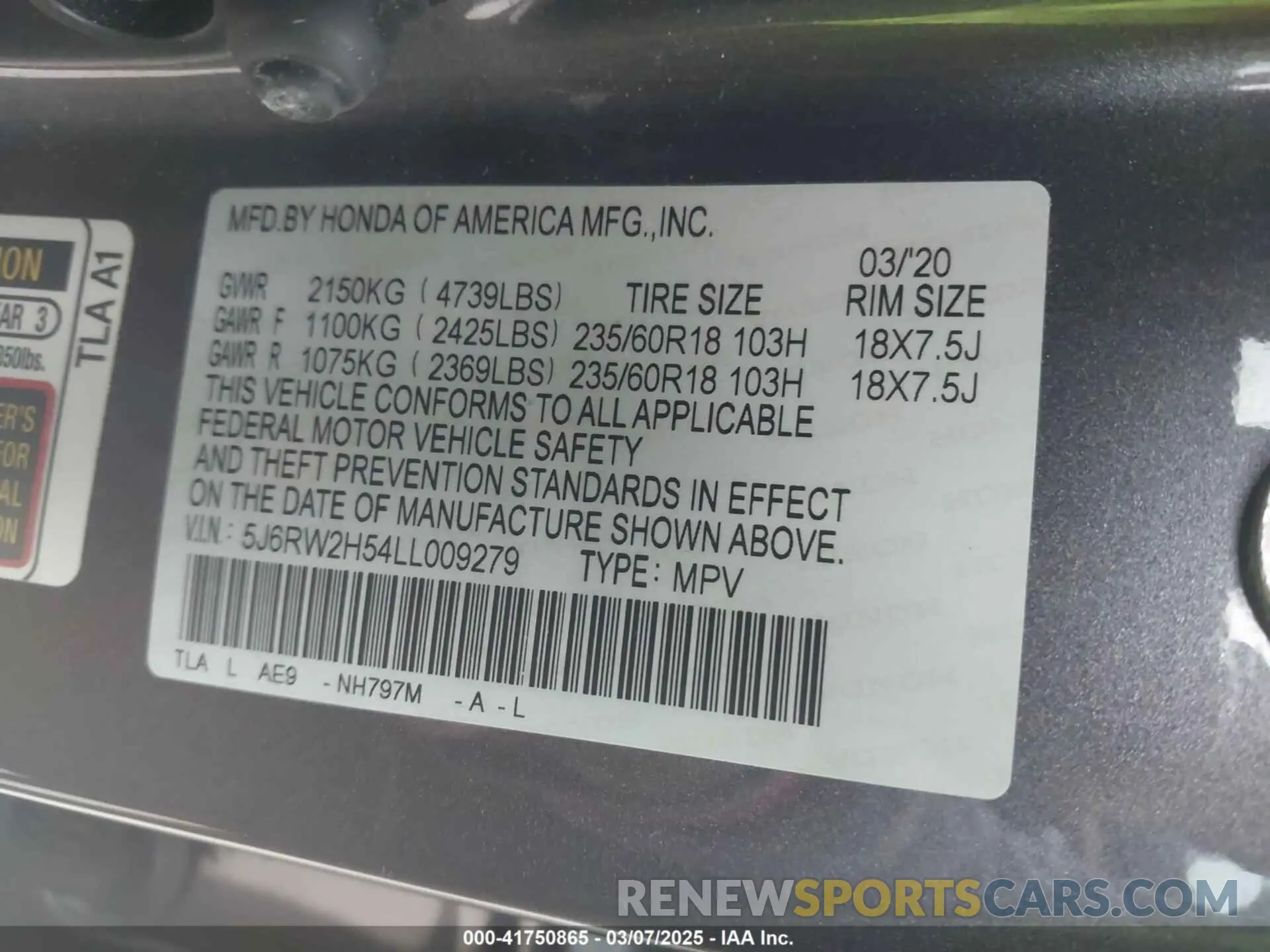 9 Фотография поврежденного автомобиля 5J6RW2H54LL009279 HONDA CR-V 2020
