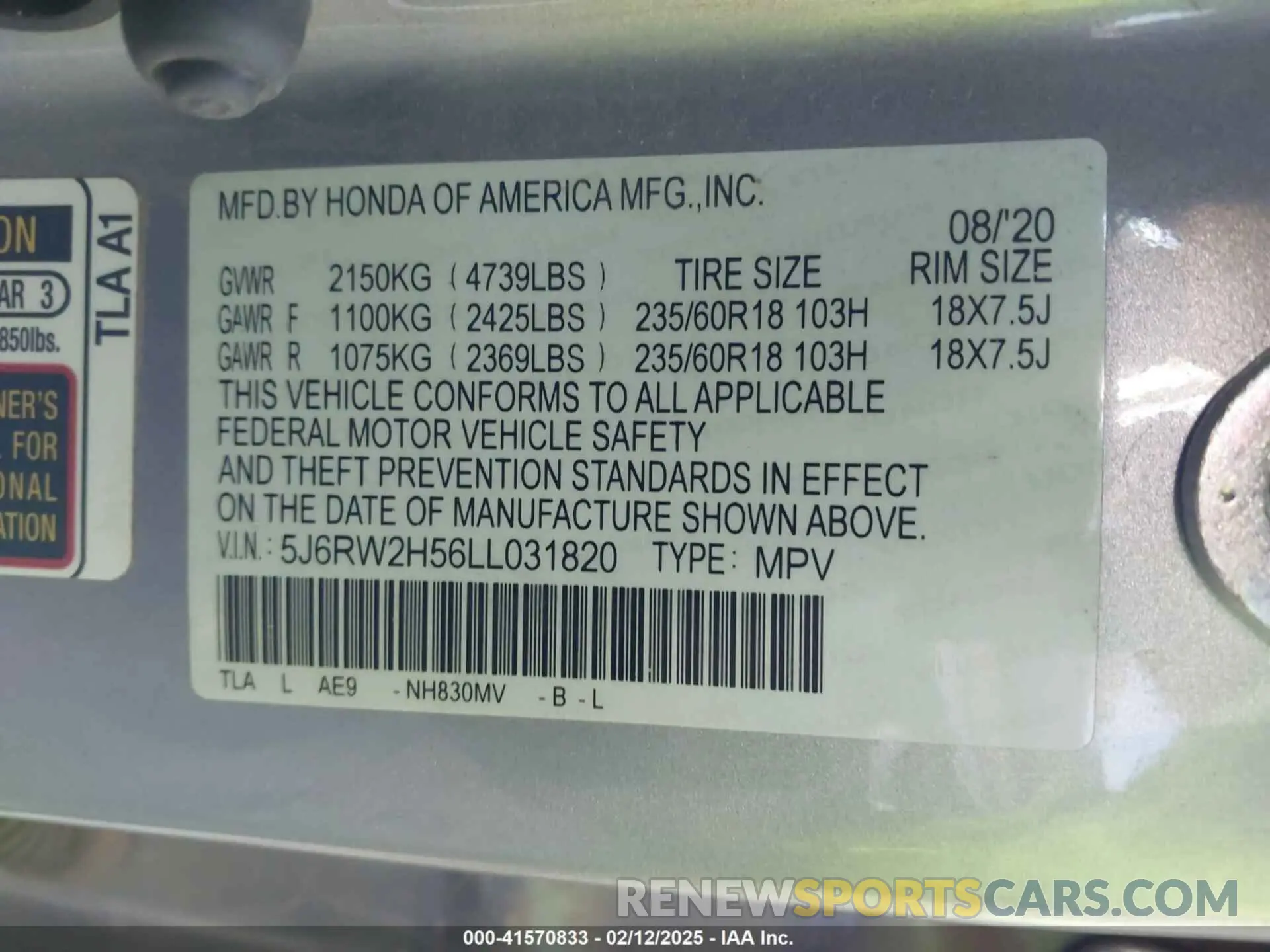 9 Фотография поврежденного автомобиля 5J6RW2H56LL031820 HONDA CR-V 2020