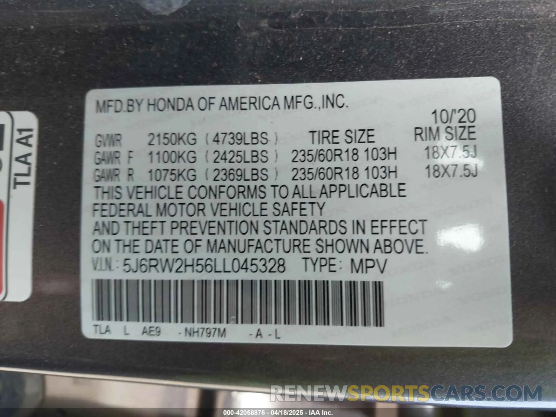 9 Фотография поврежденного автомобиля 5J6RW2H56LL045328 HONDA CR-V 2020
