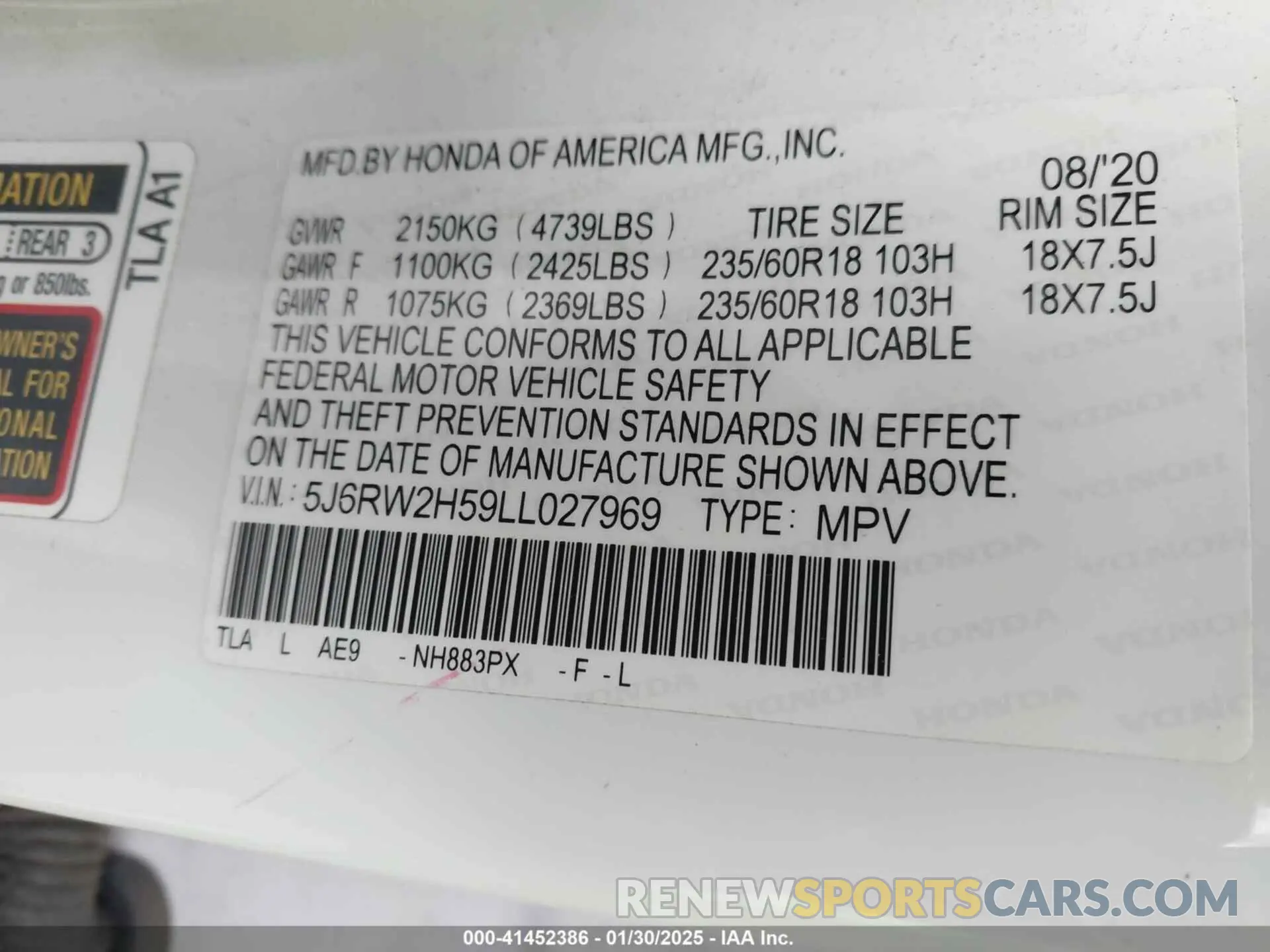 9 Фотография поврежденного автомобиля 5J6RW2H59LL027969 HONDA CR-V 2020