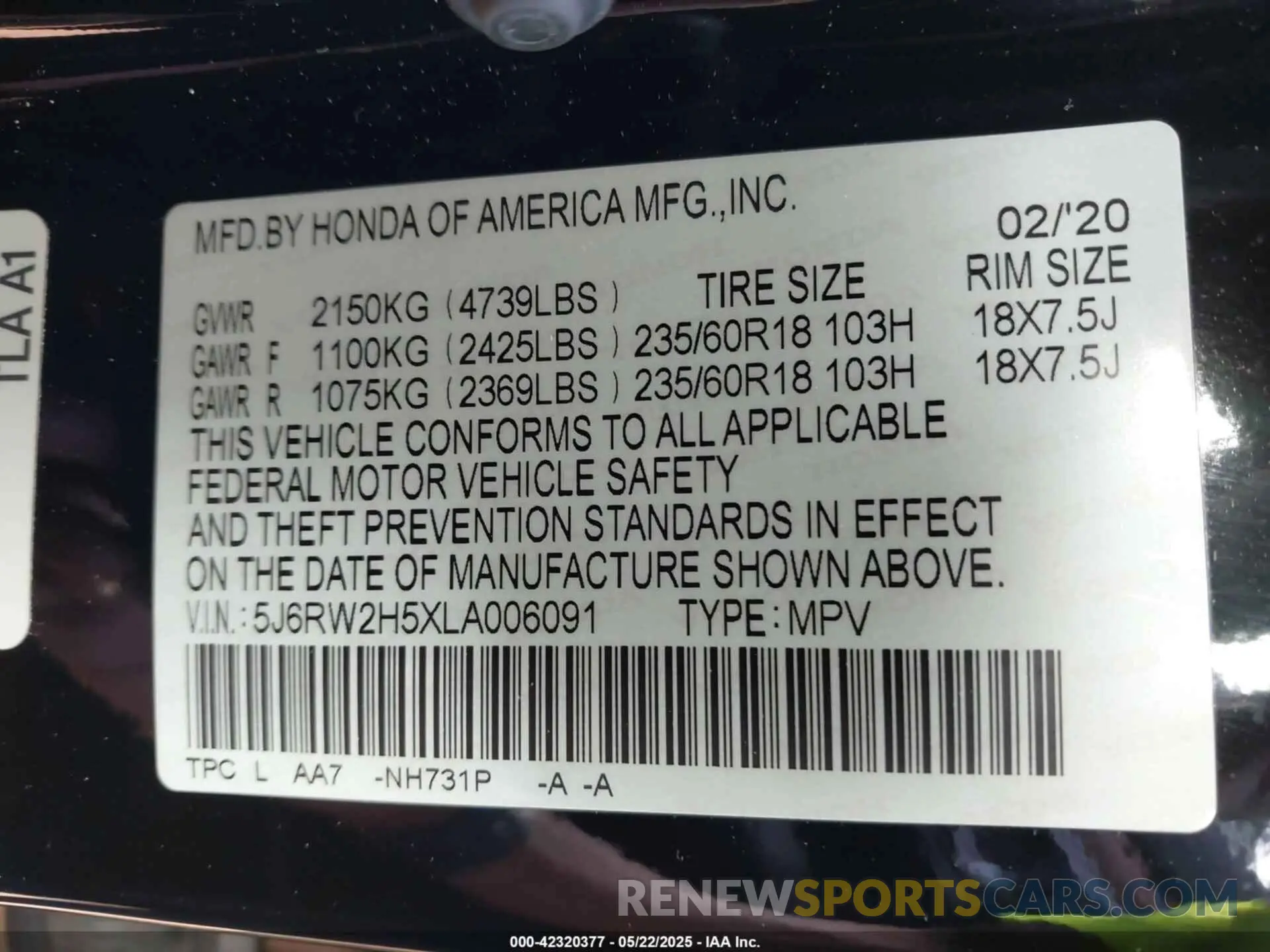 9 Photograph of a damaged car 5J6RW2H5XLA006091 HONDA CR-V 2020
