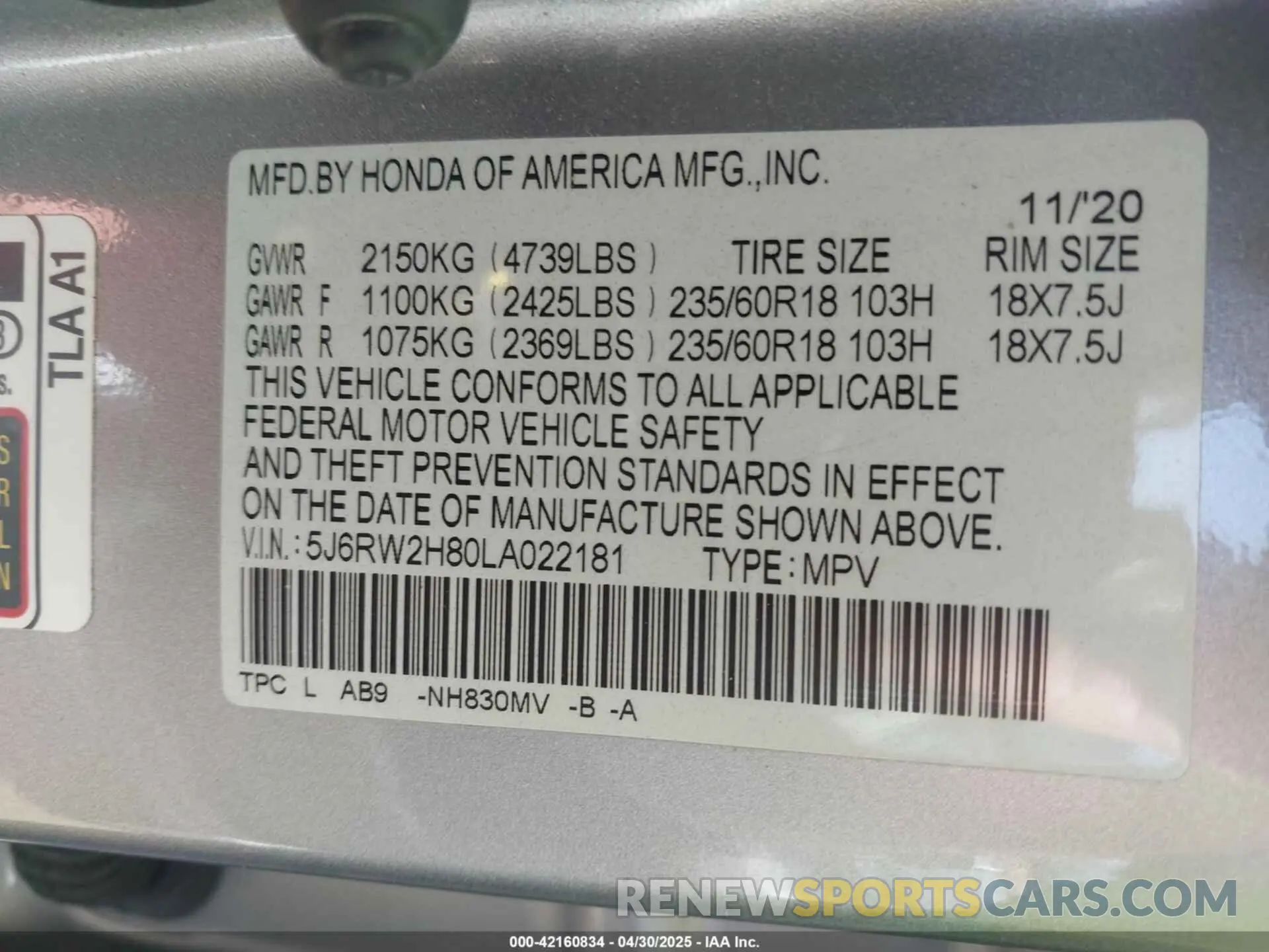 9 Photograph of a damaged car 5J6RW2H80LA022181 HONDA CR-V 2020