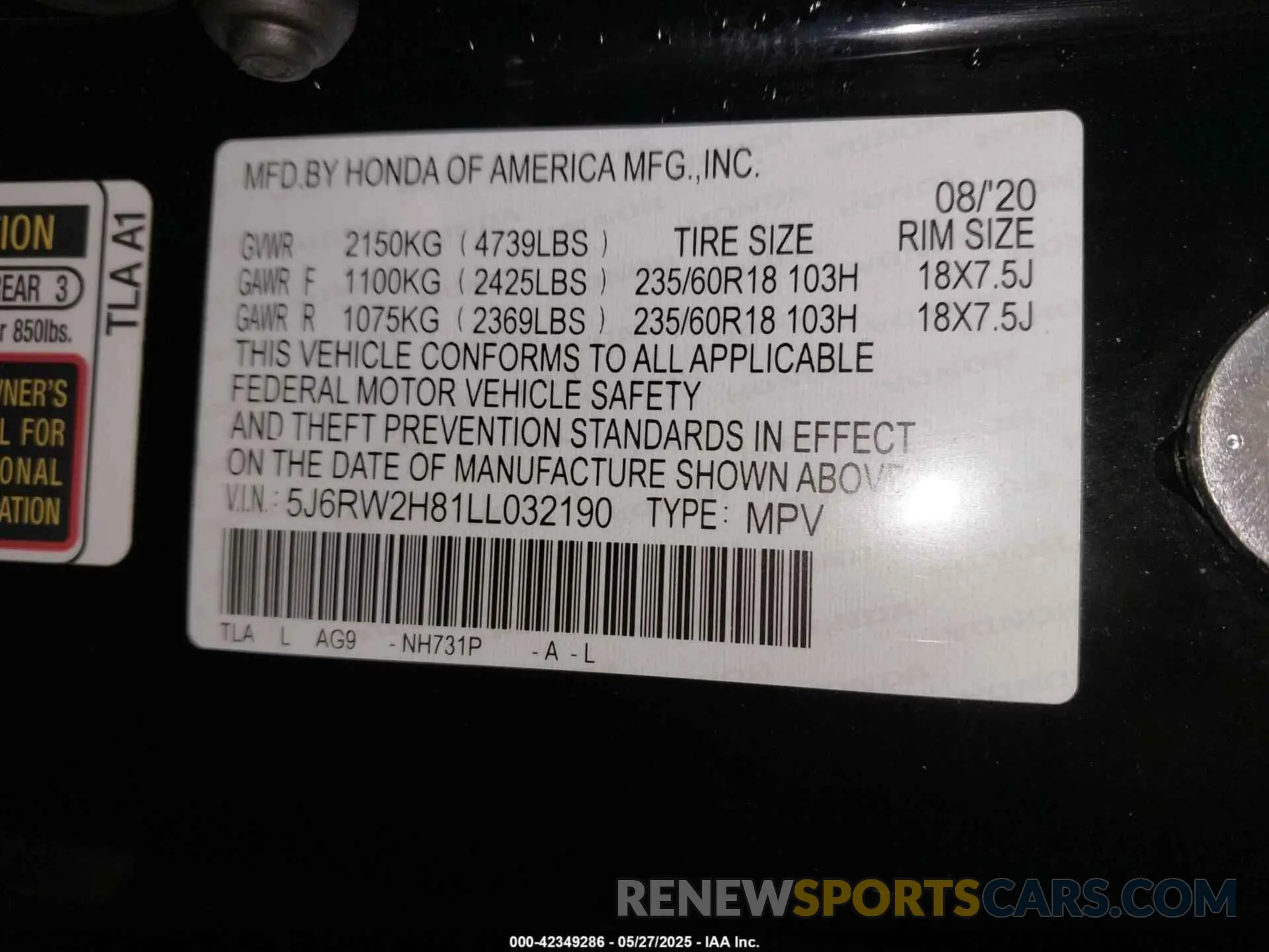 9 Фотография поврежденного автомобиля 5J6RW2H81LL032190 HONDA CR-V 2020