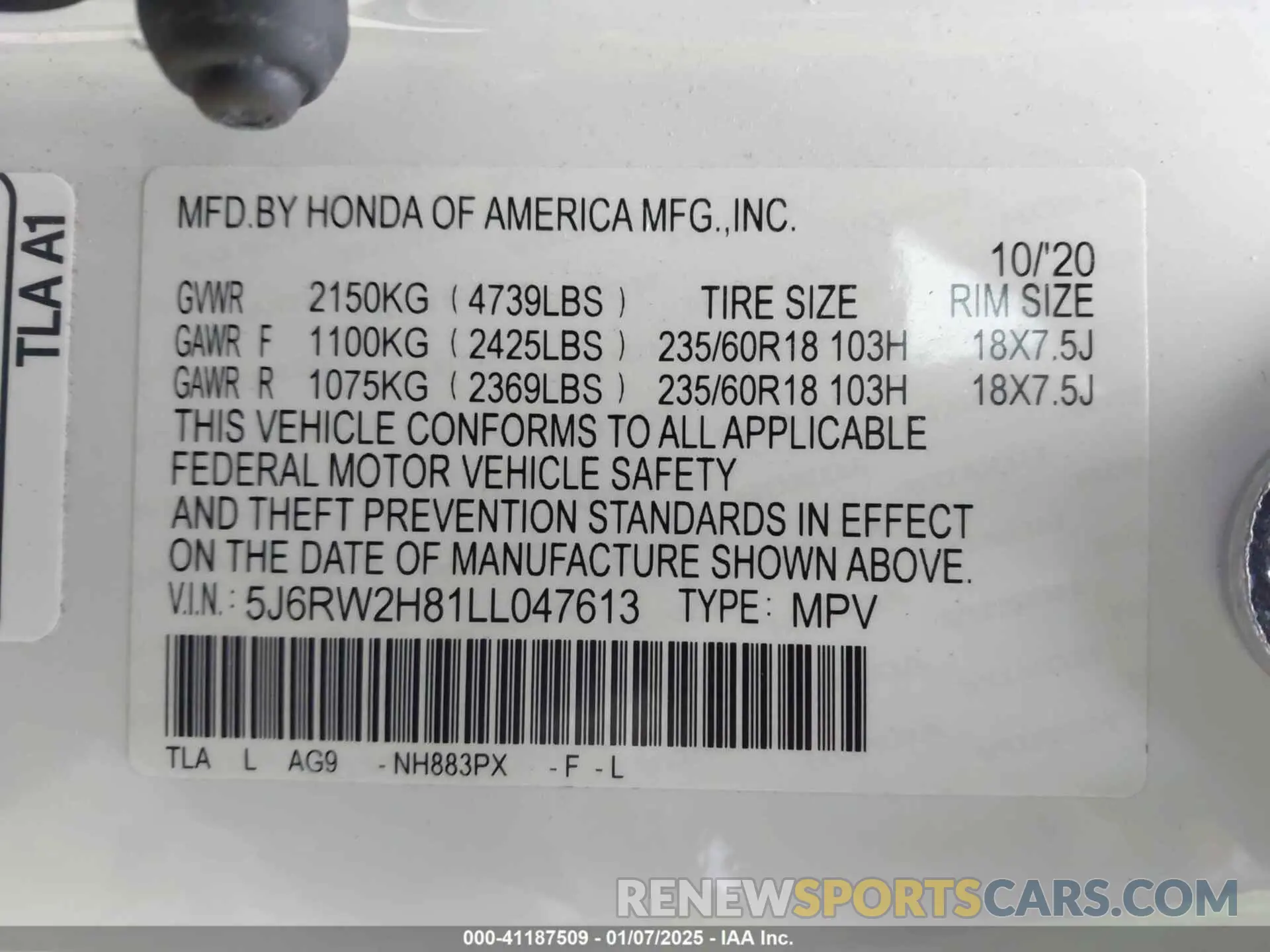 9 Фотография поврежденного автомобиля 5J6RW2H81LL047613 HONDA CR-V 2020