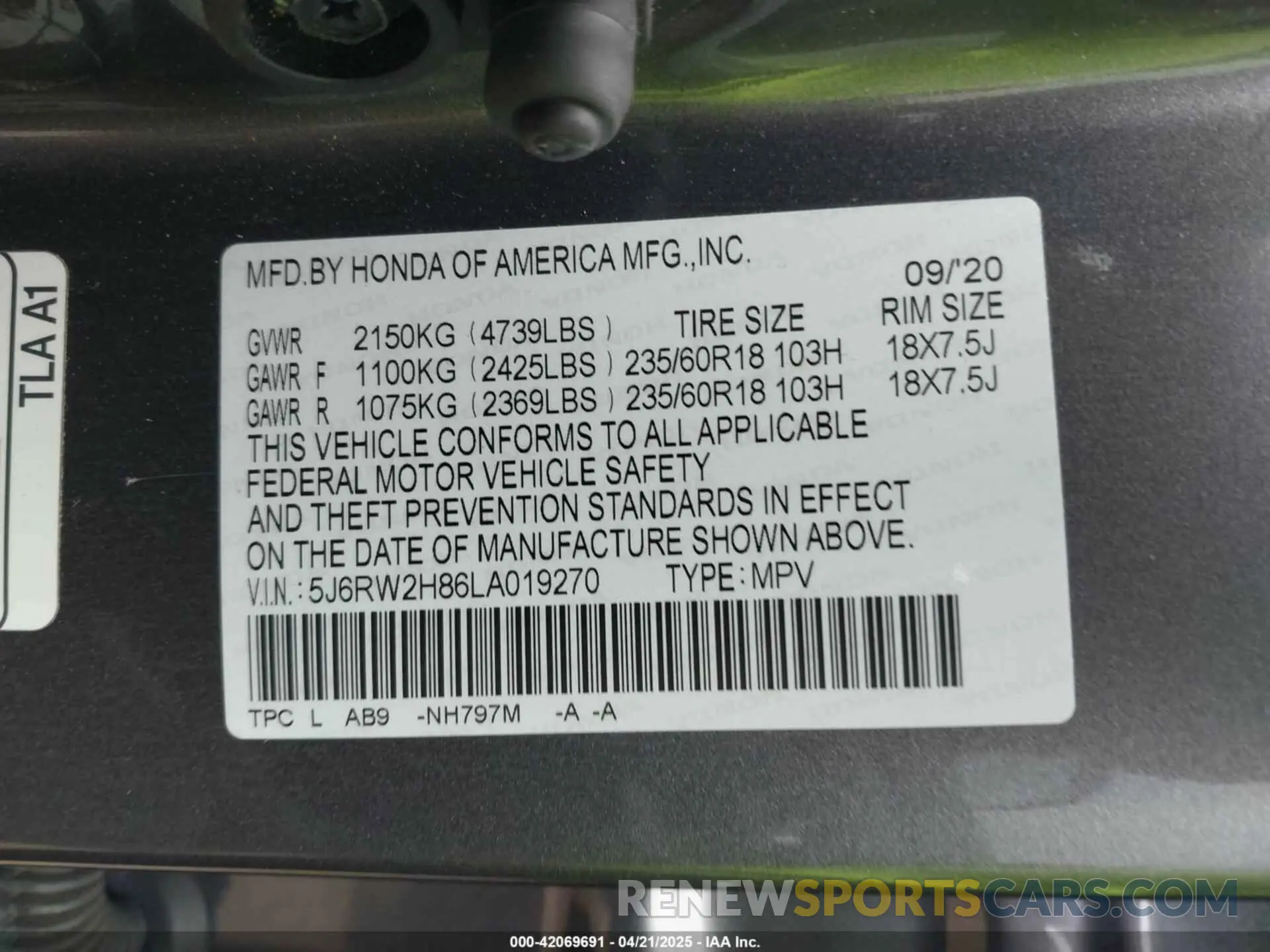 9 Фотография поврежденного автомобиля 5J6RW2H86LA019270 HONDA CR-V 2020