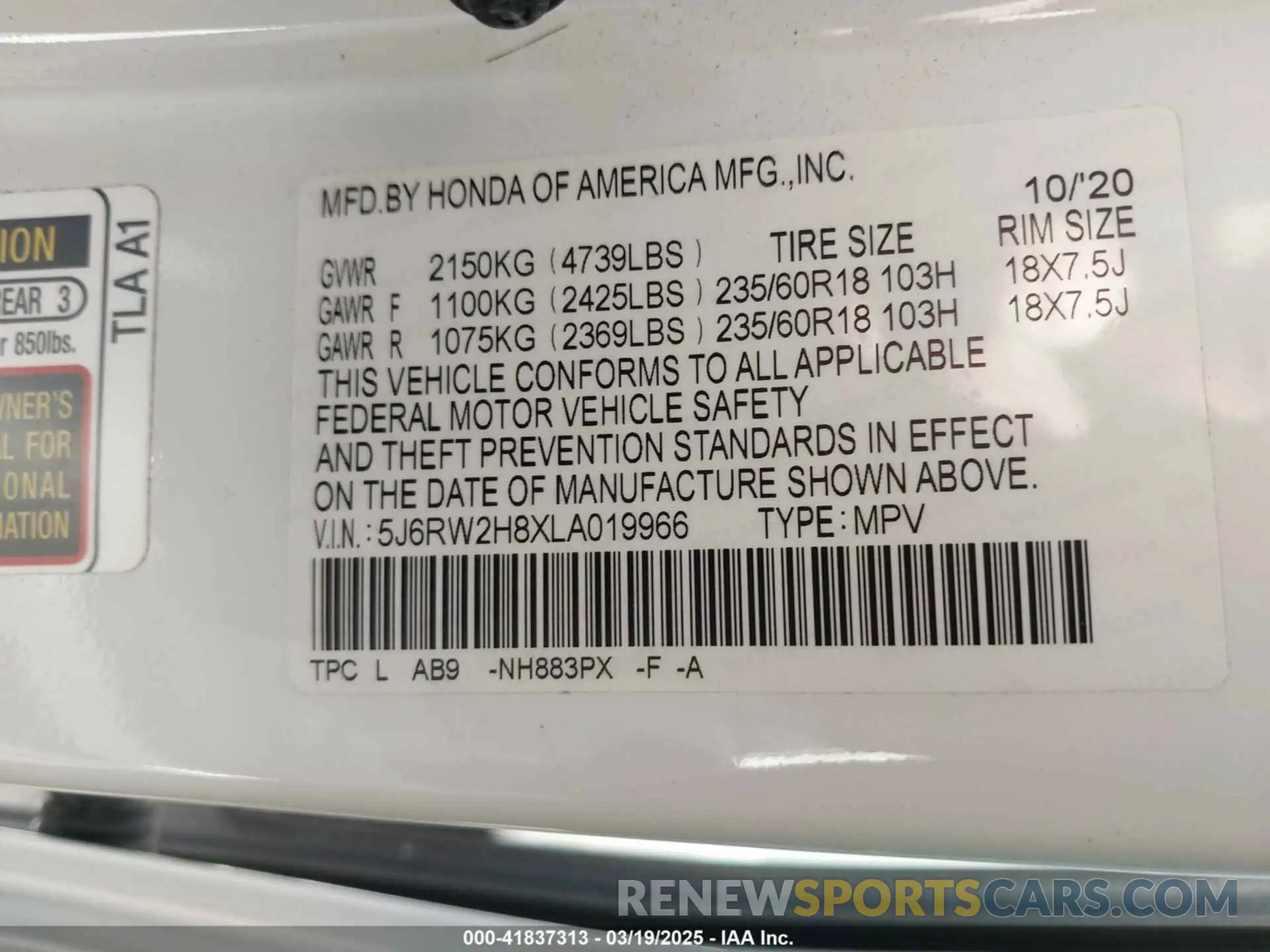 9 Фотография поврежденного автомобиля 5J6RW2H8XLA019966 HONDA CR-V 2020