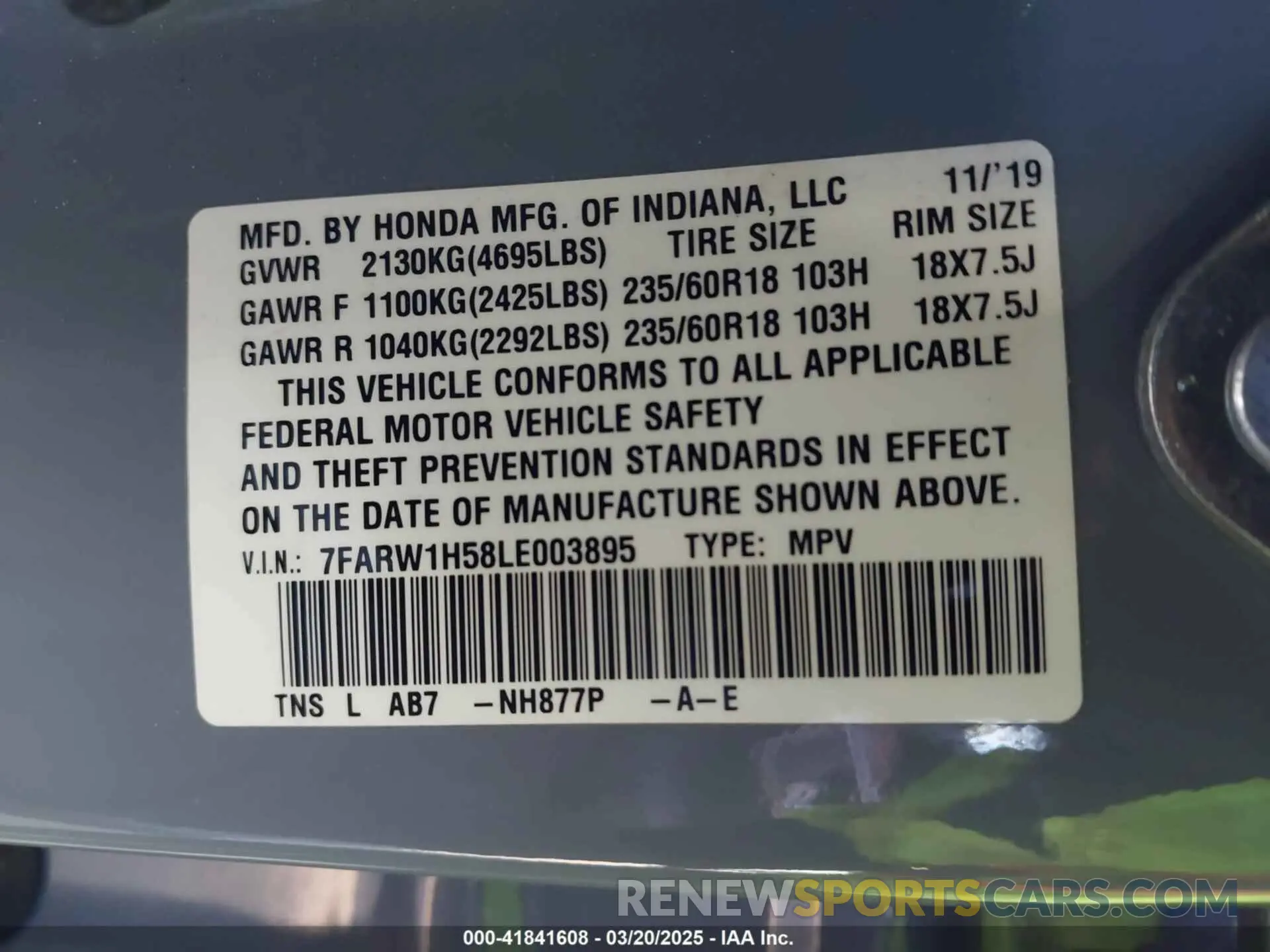 9 Photograph of a damaged car 7FARW1H58LE003895 HONDA CR-V 2020