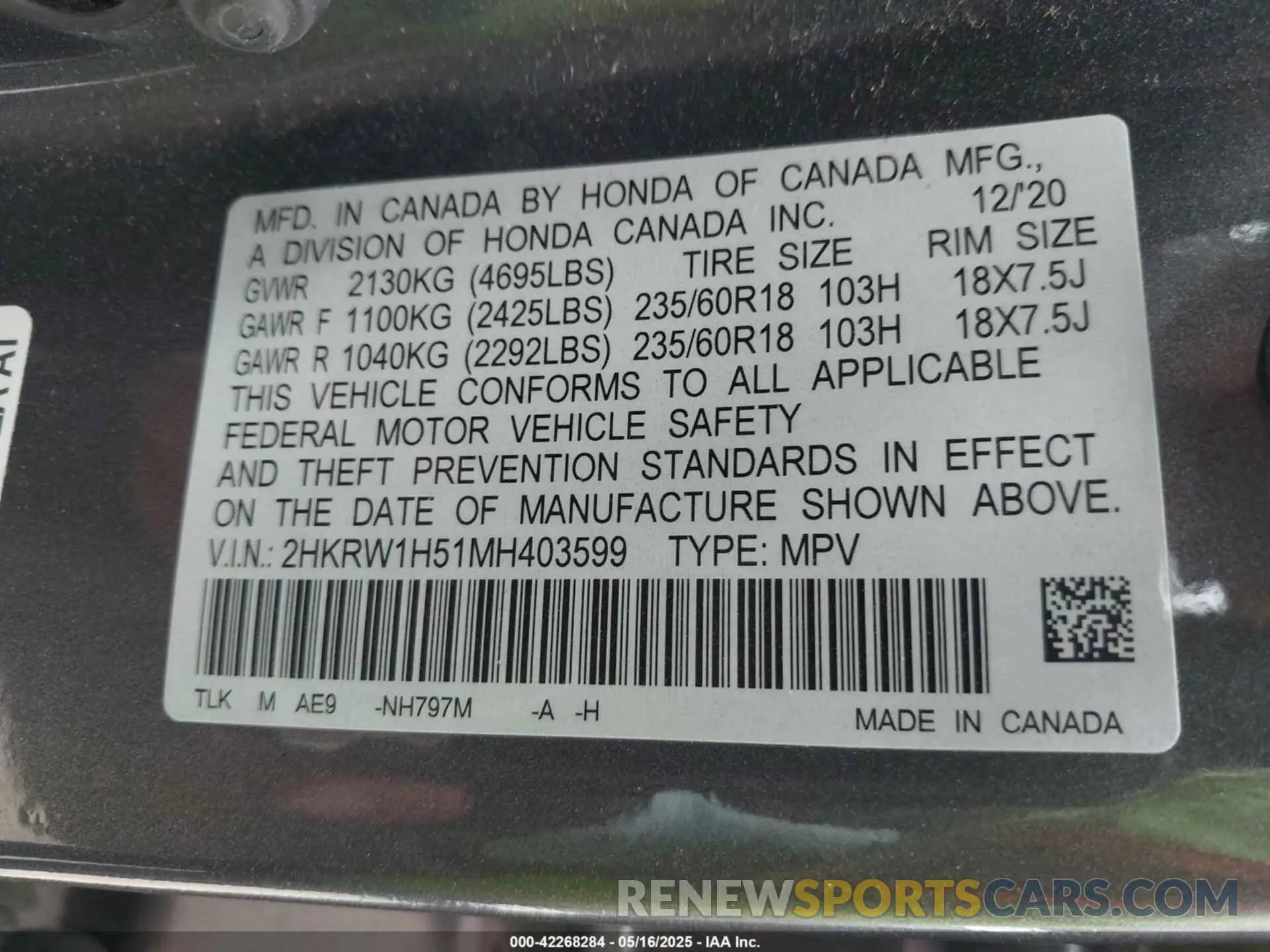 9 Photograph of a damaged car 2HKRW1H51MH403599 HONDA CR-V 2021