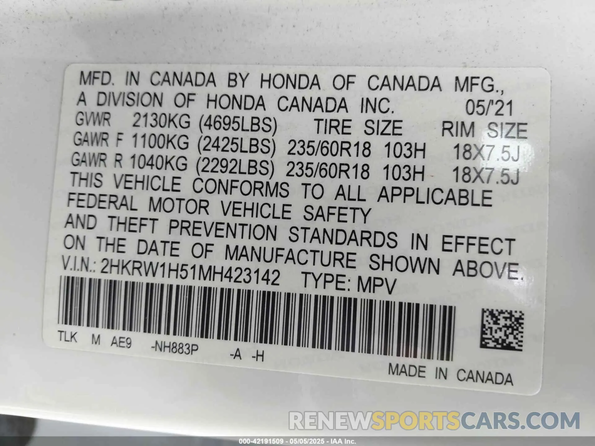 9 Photograph of a damaged car 2HKRW1H51MH423142 HONDA CR-V 2021