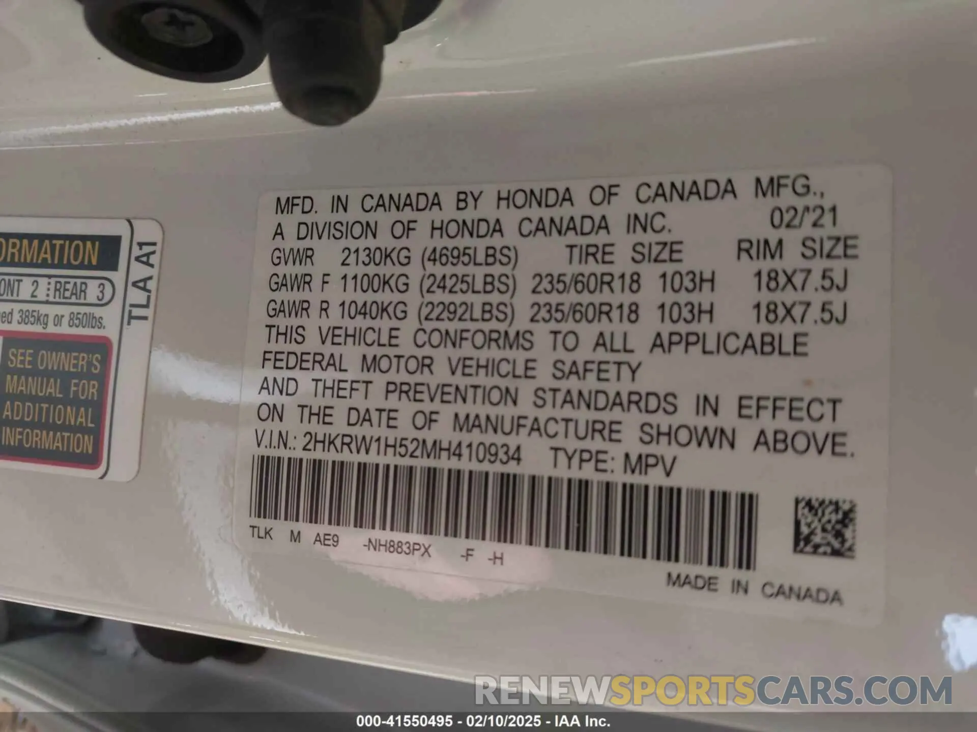 9 Фотография поврежденного автомобиля 2HKRW1H52MH410934 HONDA CR-V 2021
