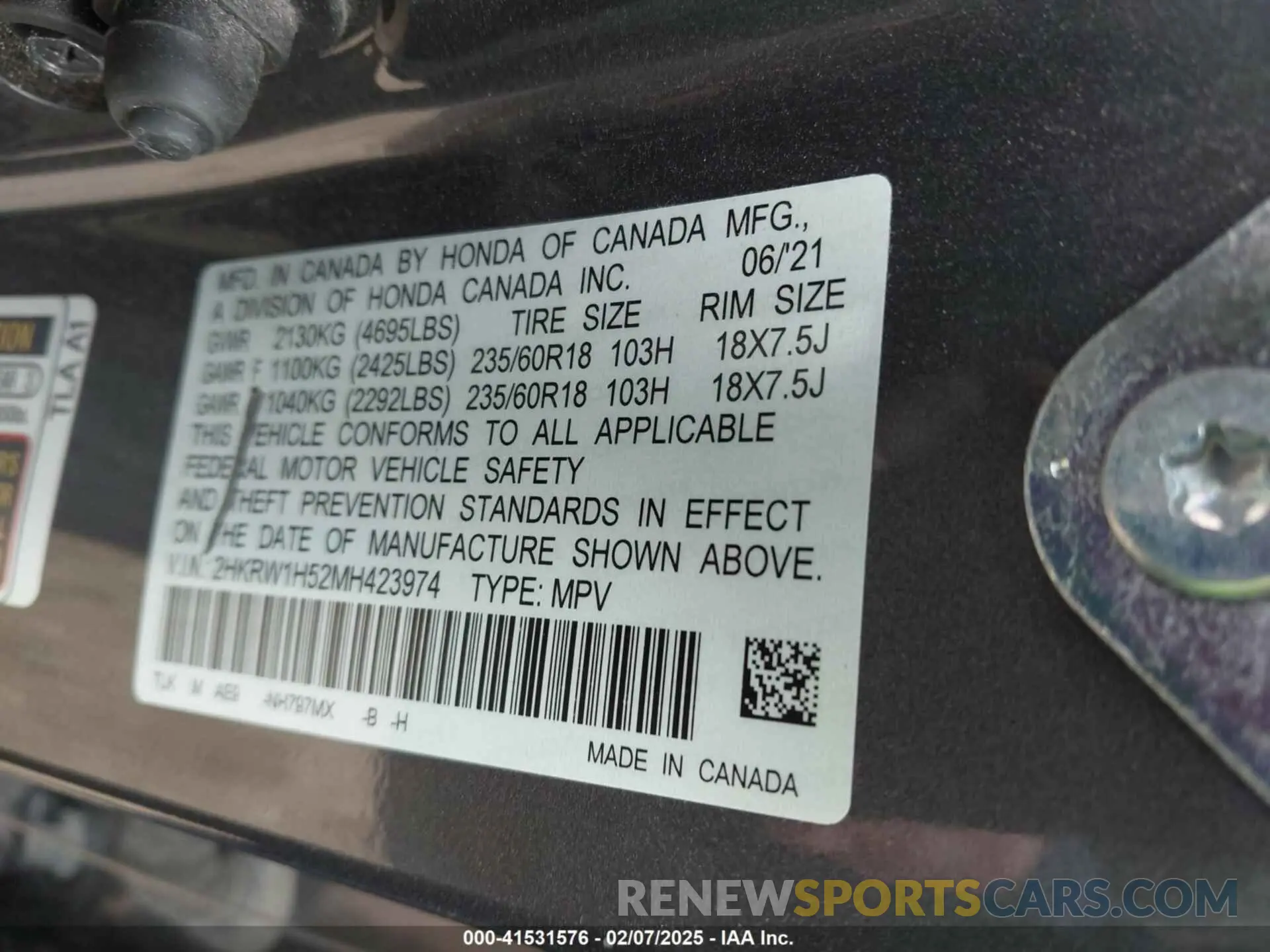 9 Фотография поврежденного автомобиля 2HKRW1H52MH423974 HONDA CR-V 2021