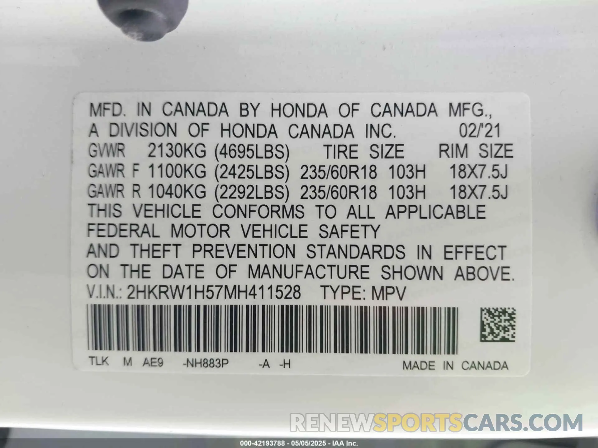 9 Фотография поврежденного автомобиля 2HKRW1H57MH411528 HONDA CR-V 2021