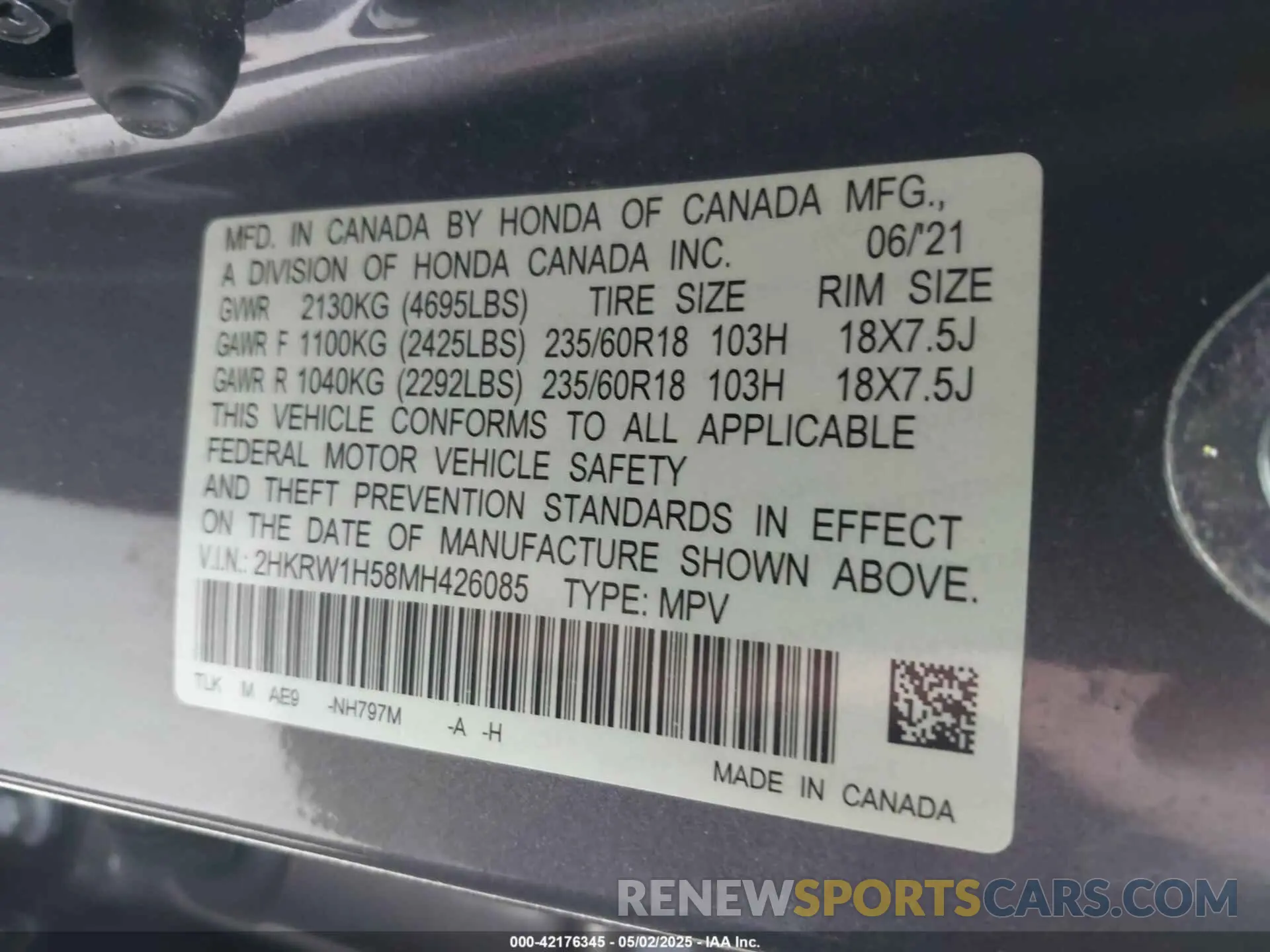 9 Photograph of a damaged car 2HKRW1H58MH426085 HONDA CR-V 2021