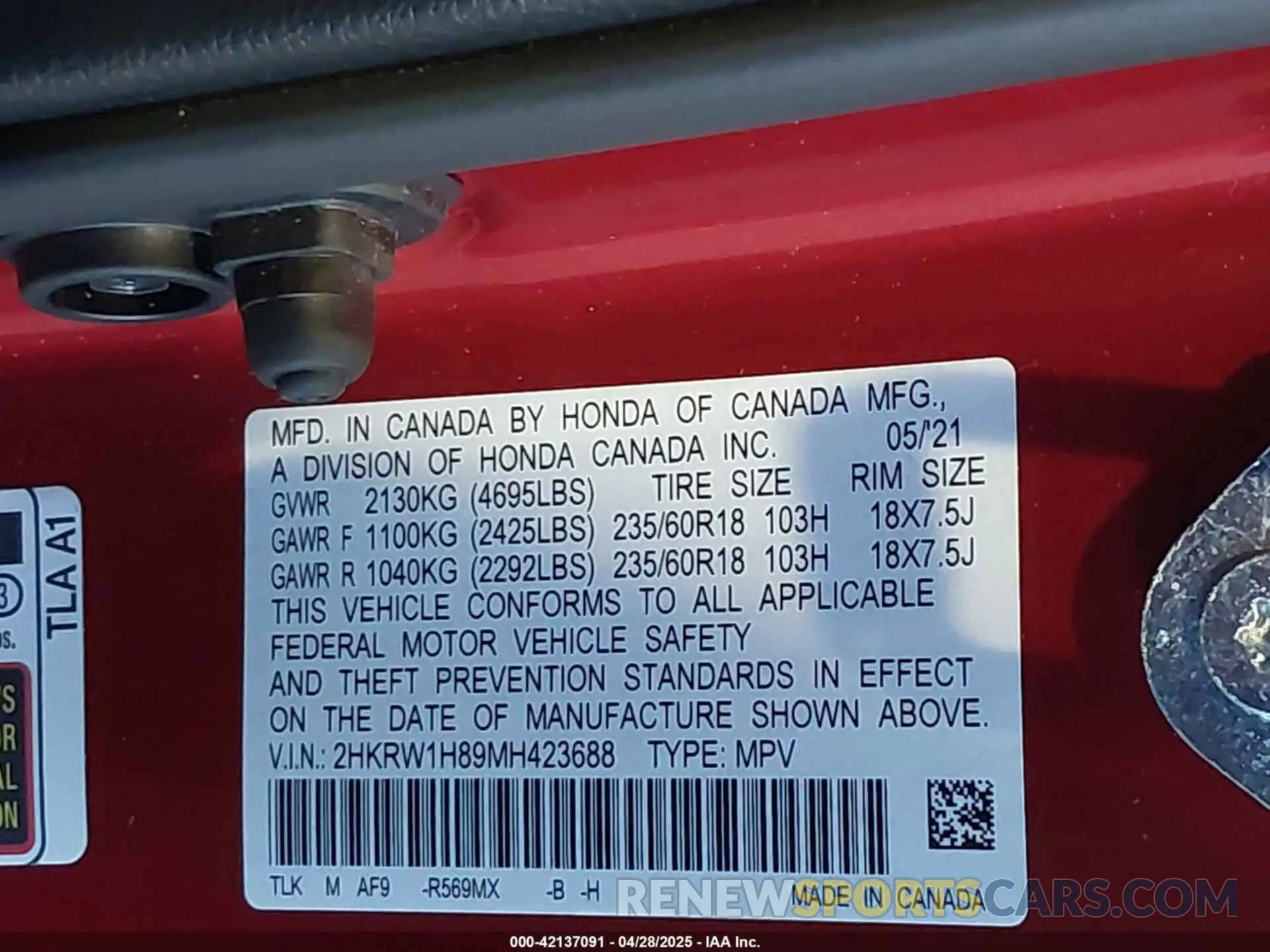 9 Photograph of a damaged car 2HKRW1H89MH423688 HONDA CR-V 2021
