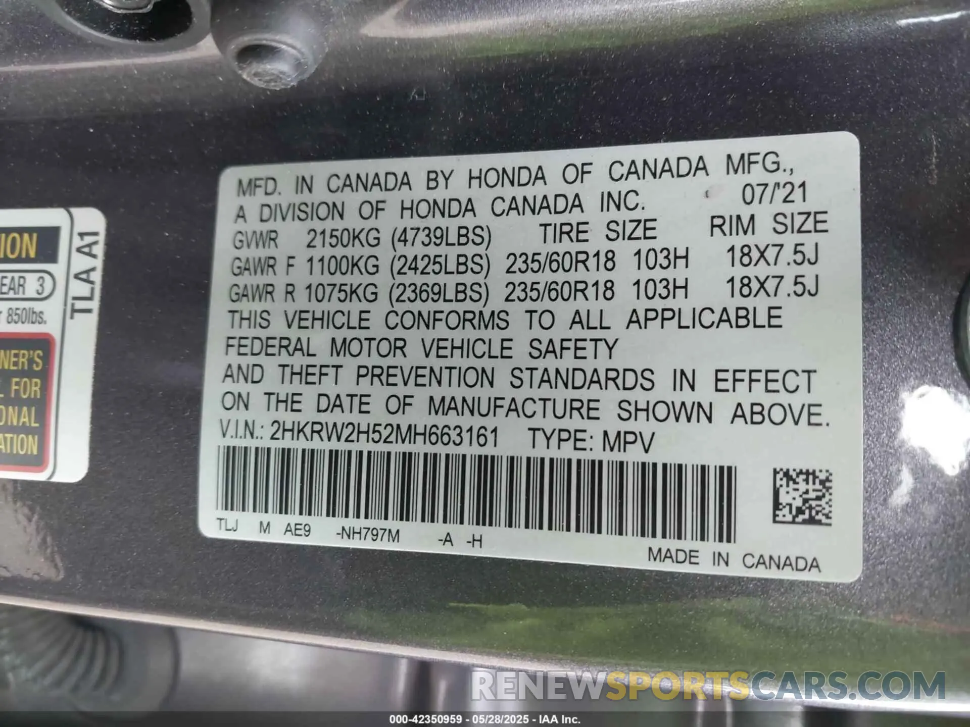 9 Фотография поврежденного автомобиля 2HKRW2H52MH663161 HONDA CR-V 2021