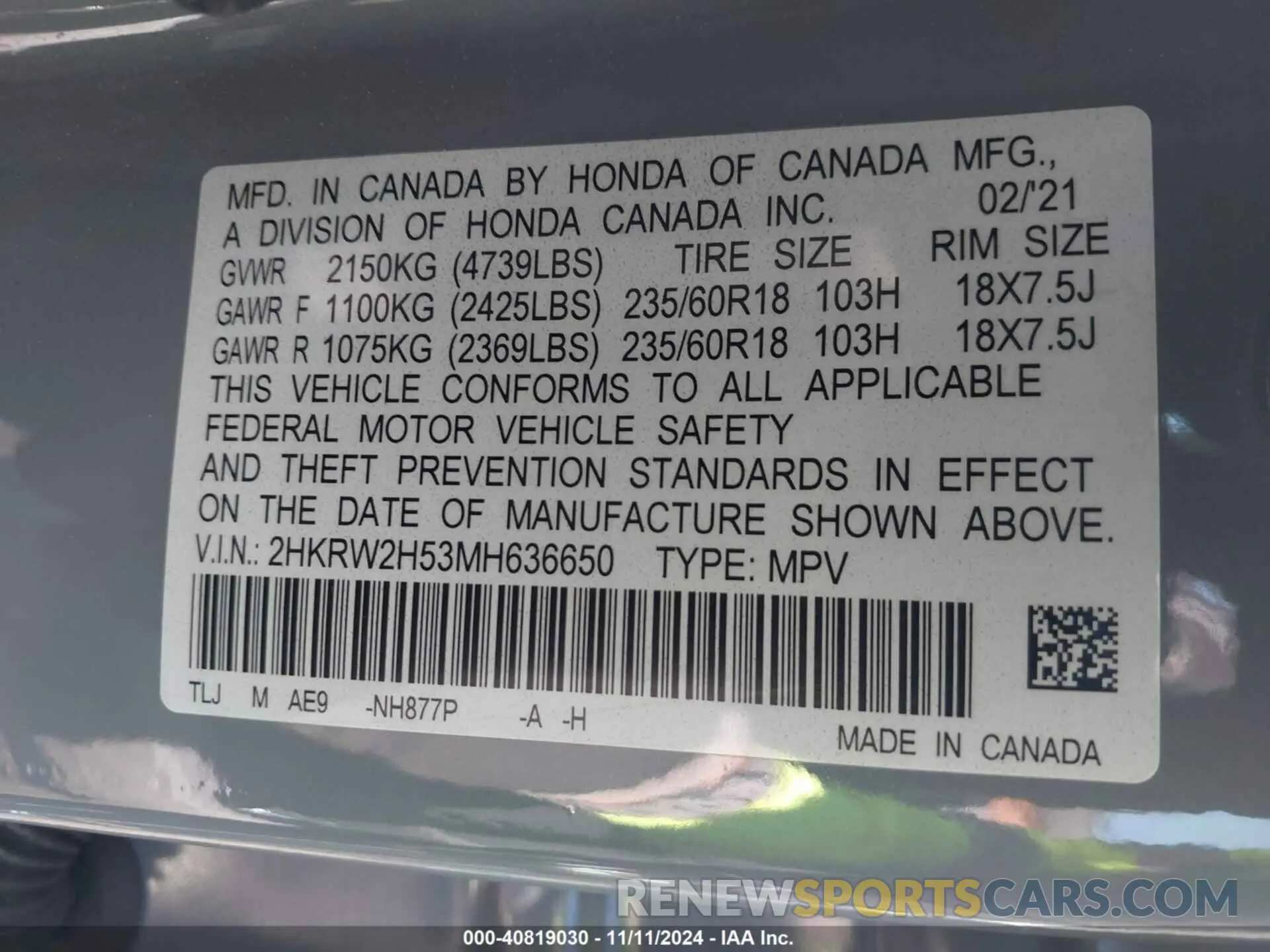 9 Photograph of a damaged car 2HKRW2H53MH636650 HONDA CR-V 2021