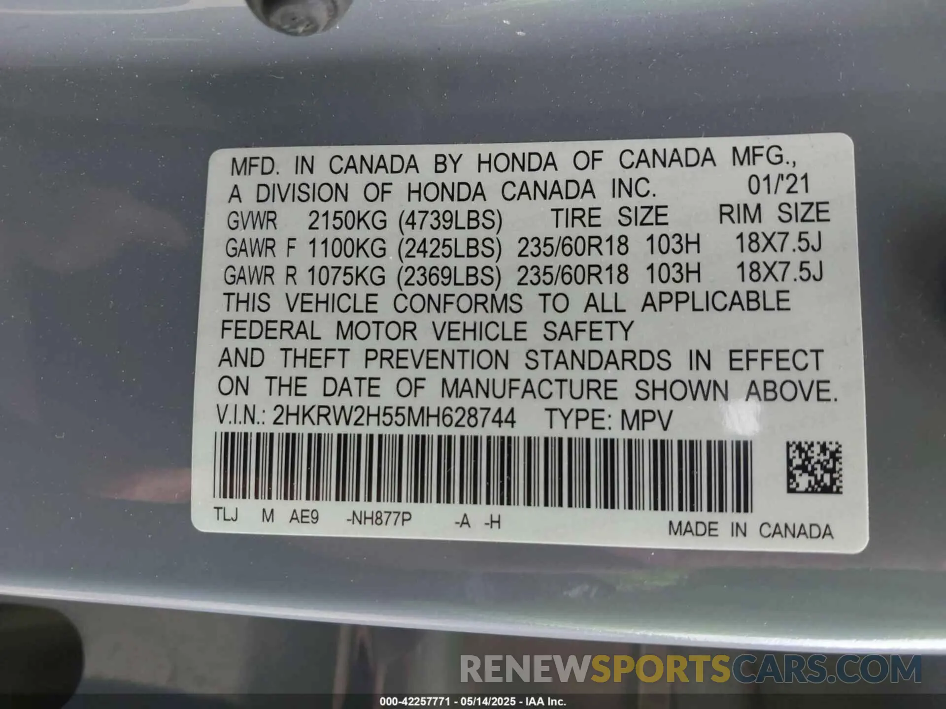9 Photograph of a damaged car 2HKRW2H55MH628744 HONDA CR-V 2021