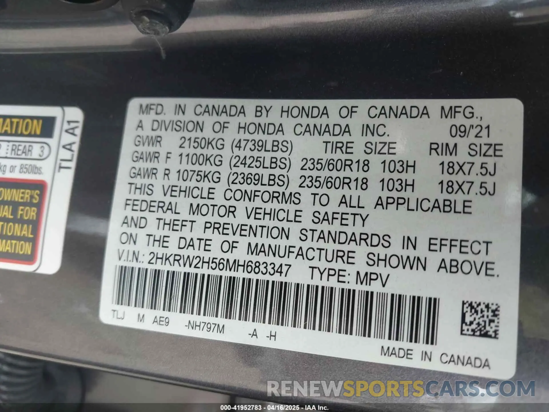 9 Photograph of a damaged car 2HKRW2H56MH683347 HONDA CR-V 2021