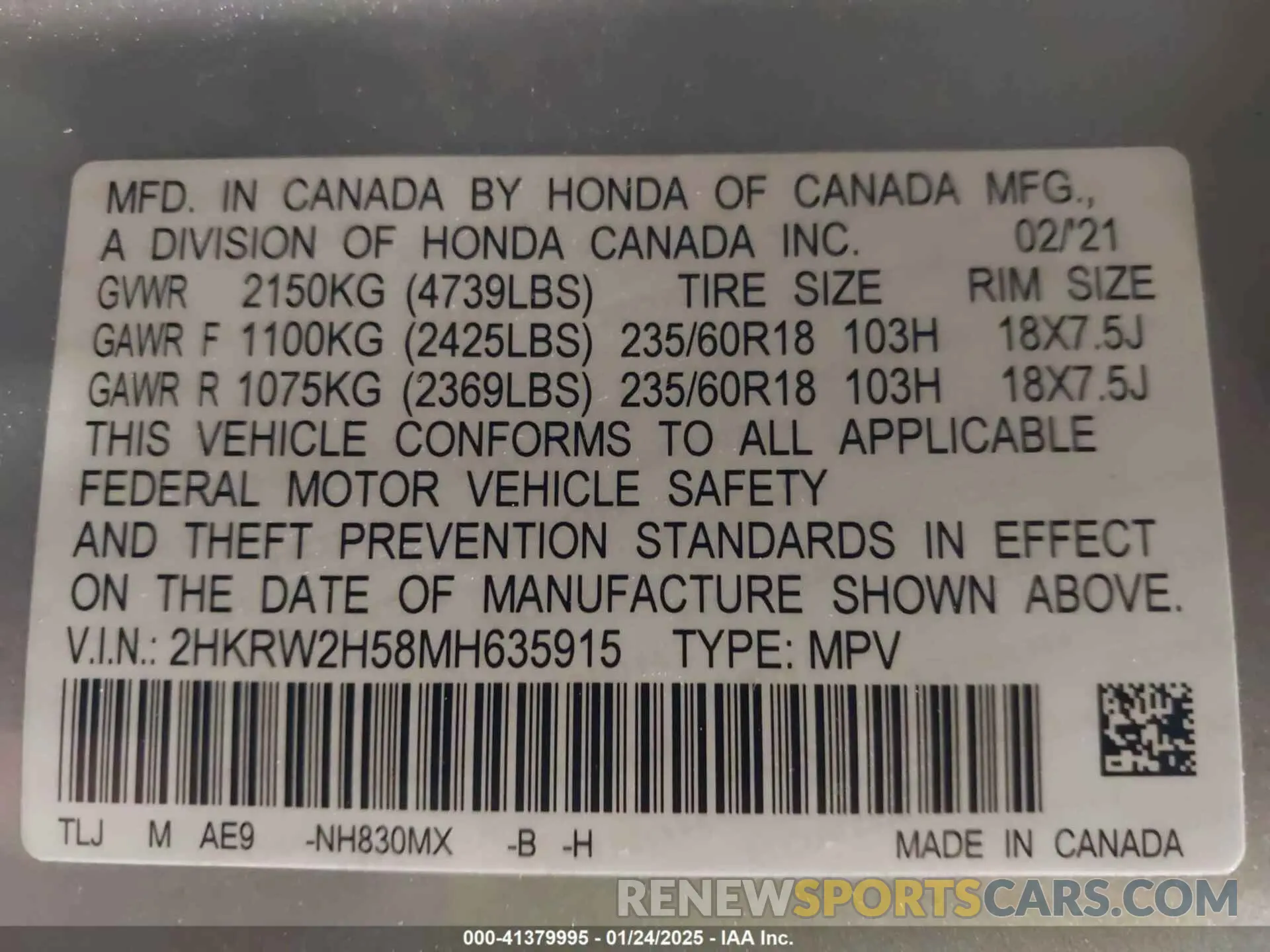 9 Photograph of a damaged car 2HKRW2H58MH635915 HONDA CR-V 2021