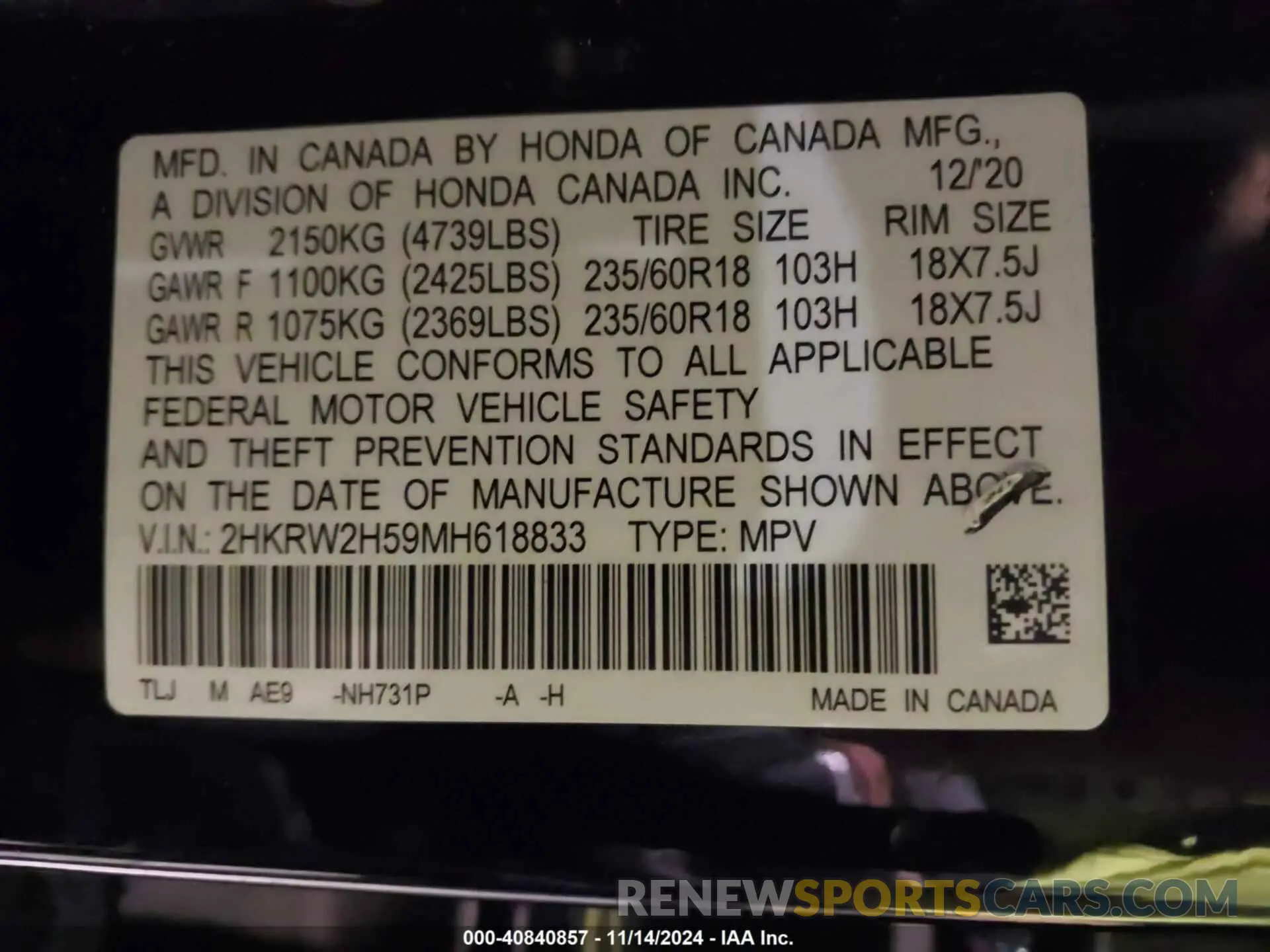 9 Photograph of a damaged car 2HKRW2H59MH618833 HONDA CR-V 2021