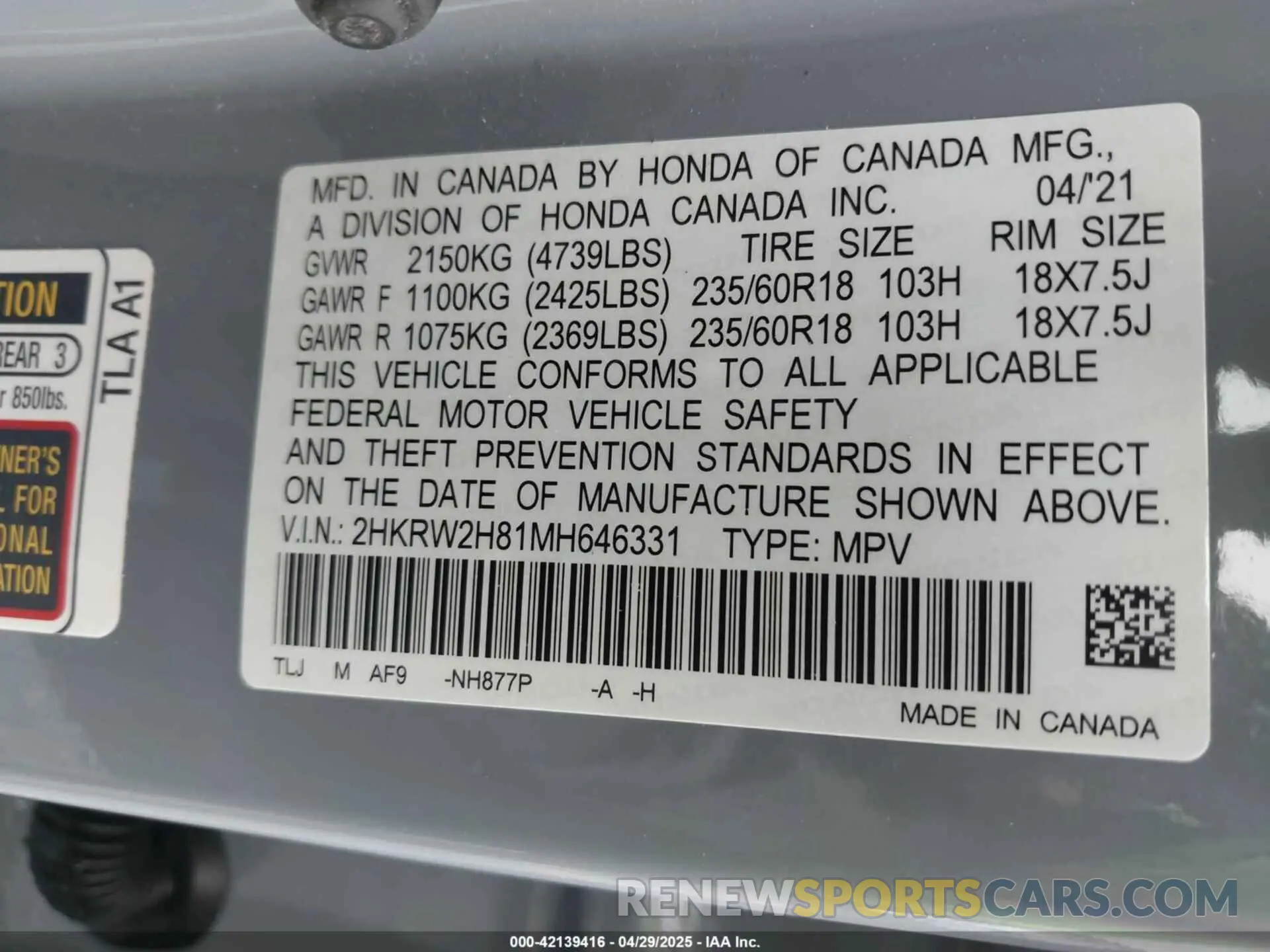 9 Фотография поврежденного автомобиля 2HKRW2H81MH646331 HONDA CR-V 2021